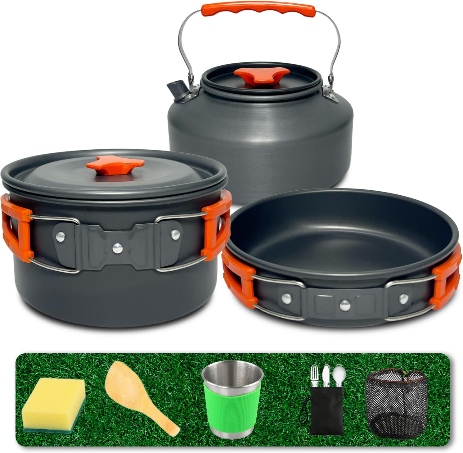 Camping Cookware Set, Non-Stick Lightweight Camping Pot and Pan Set with Stainless Steel Kettle Plates Spoon for Backpacking, Hiking, Outdoor Cooking and Picnic