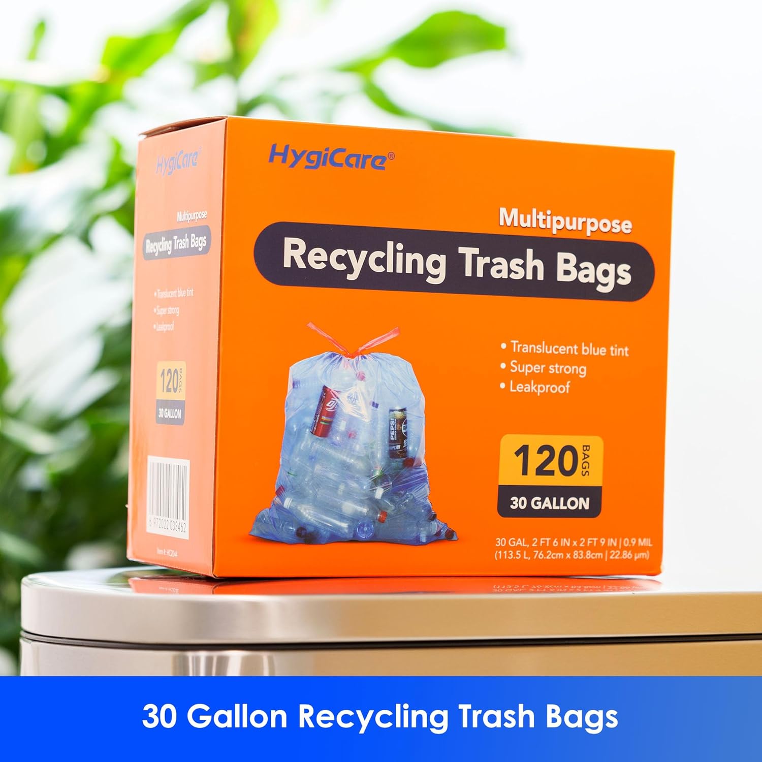 HygiCare 30 Gallon Recycling Trash Bags, Unscented 120 Count Drawstring Garbage Bags, Pre-Separated, Ultra Strong, Leakproof, Sturdy, Translucent Blue