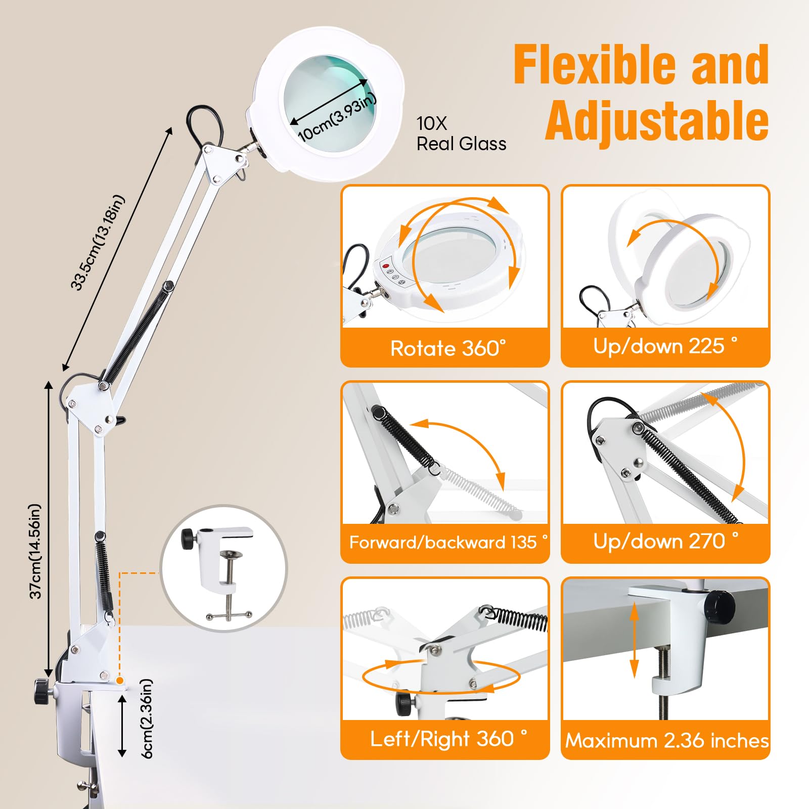HYEIOL LED Magnifying Glass with Light,5 Color Modes 10 Brightness Dimmable Magnifying Lamp with Desk Clamp - Image 2