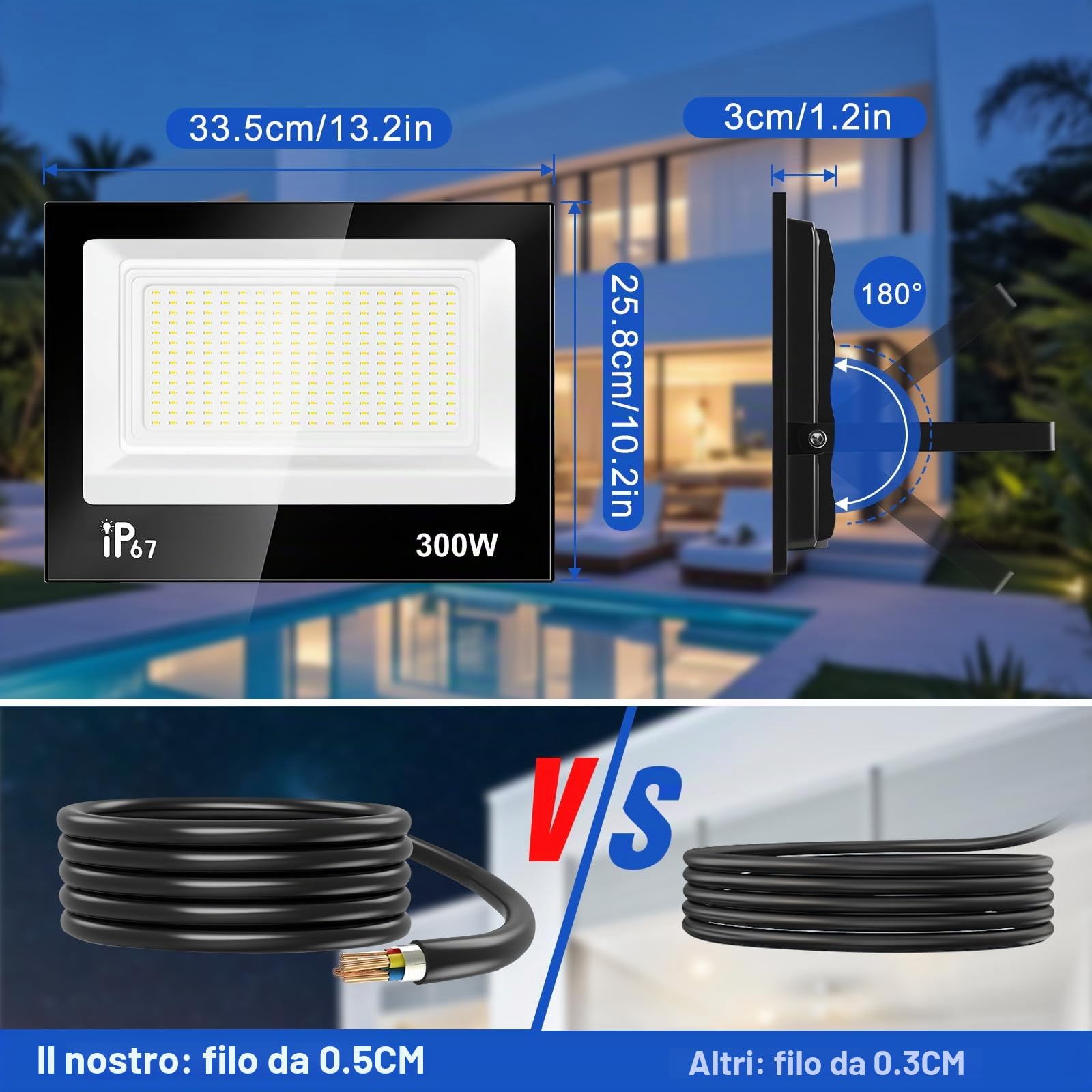 300W Faretto Led da Esterno,30000LM Faretti LED Esterno,7000K Bianca Fredda Faro LED Esterno,IP67 Impermeabile Super Luminoso Faretti LED per Giardino,Cortile,Garage,Patio