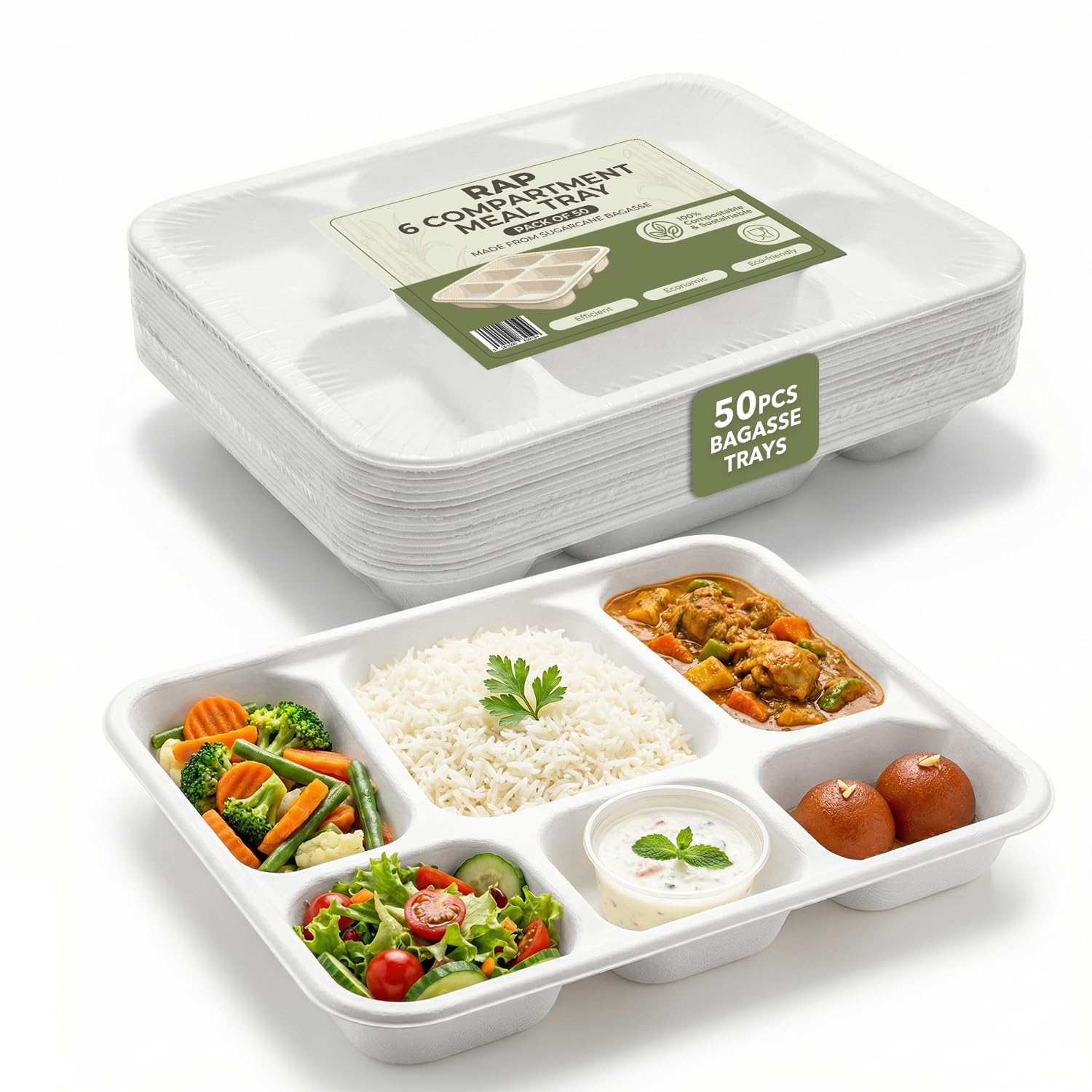 RAP Gloves Bagasse 6 Compartment Meal Trays, 50 Pack