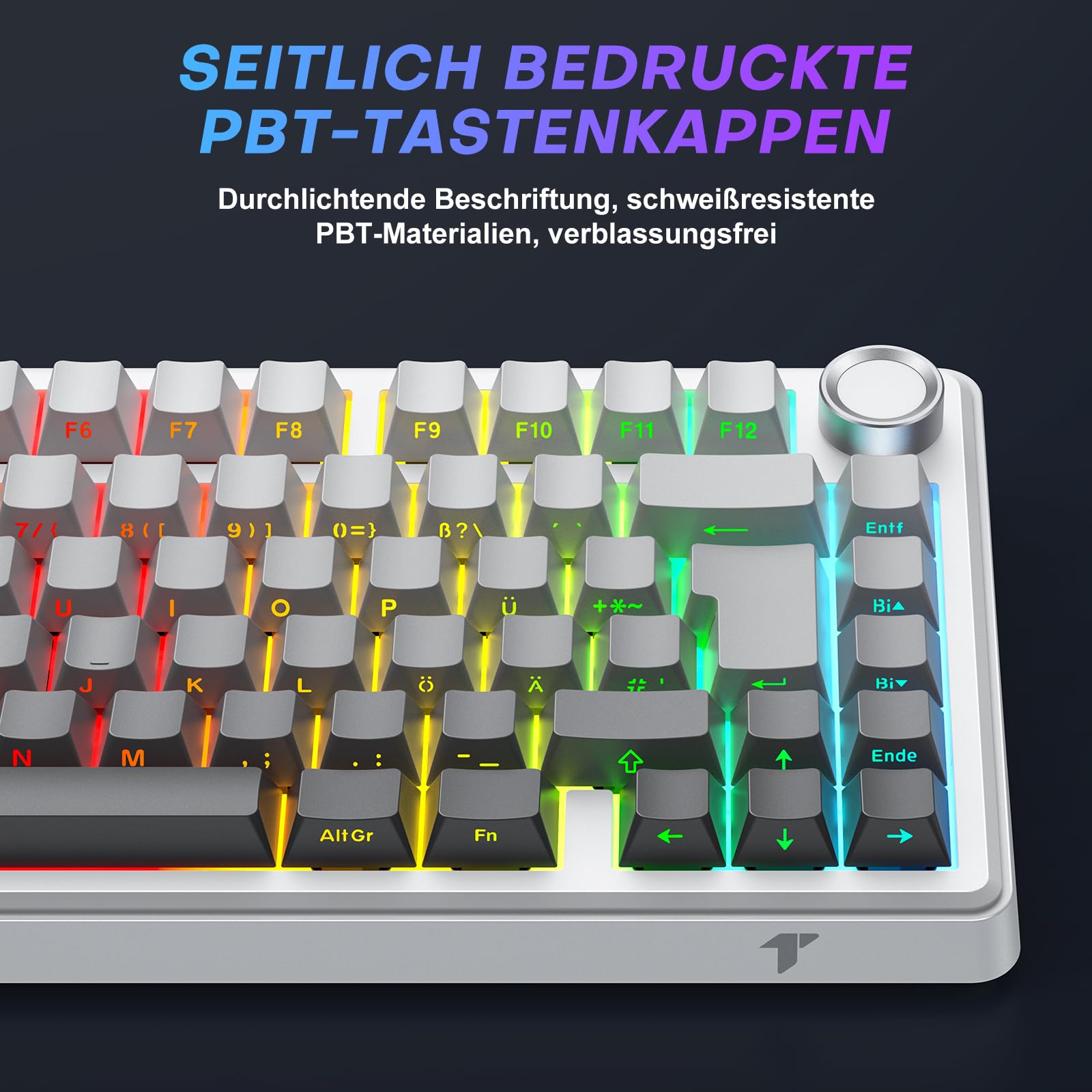 TECURS Klawiatura gamingowa mechaniczna ISO-DE | 75% Hot-Swap Sideprinte klawiatura bezprzewodowa czerwona oś Gasket Mount, PBT, RGB, Creamy MK209 Keyboard (2,4 G/BT/typ C) QWERTZ – dla graczy Setup