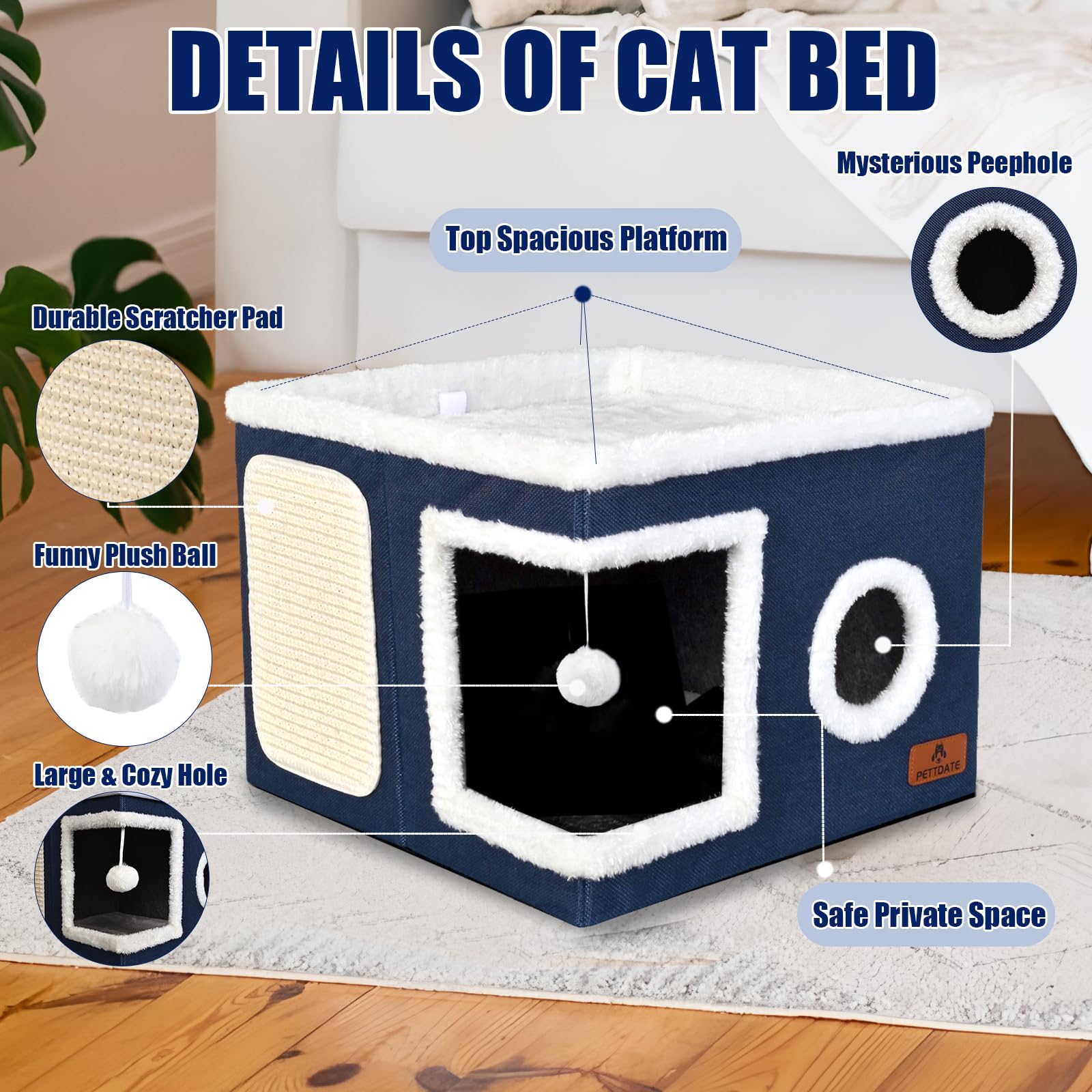 Cat Beds for Indoor Cats, Foldable Cat Hideaway with Hanging Fluffy Ball and Scratch Pad - Image 3