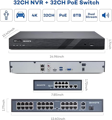 Miniatura 4 de ONWOTE Sistema de cámara de seguridad de 32 canales PoE, Detección de vehículos humanos AI, 32CH 4K 8MP NVR, Interruptor PoE de 32 puertos, 24