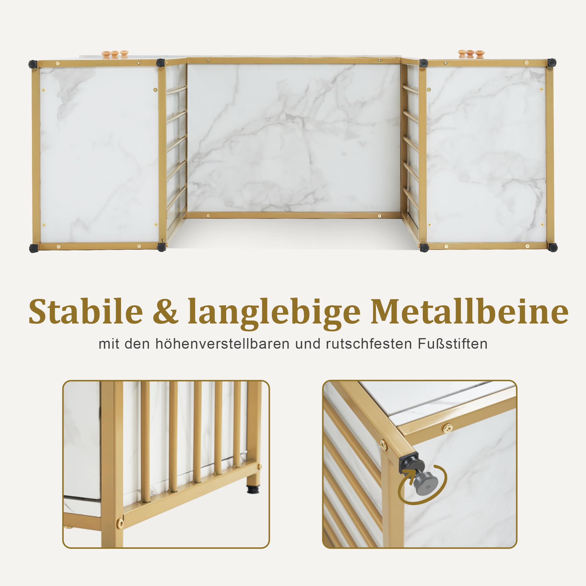 M MCombo Schreibtisch mit 6 Schubladen, Nageltisch, Manikürtisch, Schminktisch ohne Spiegel Modern, Computertisch mit Ablagen Wohnzimmer, 46x125x81cm, 2425 (Weiß-Gold)