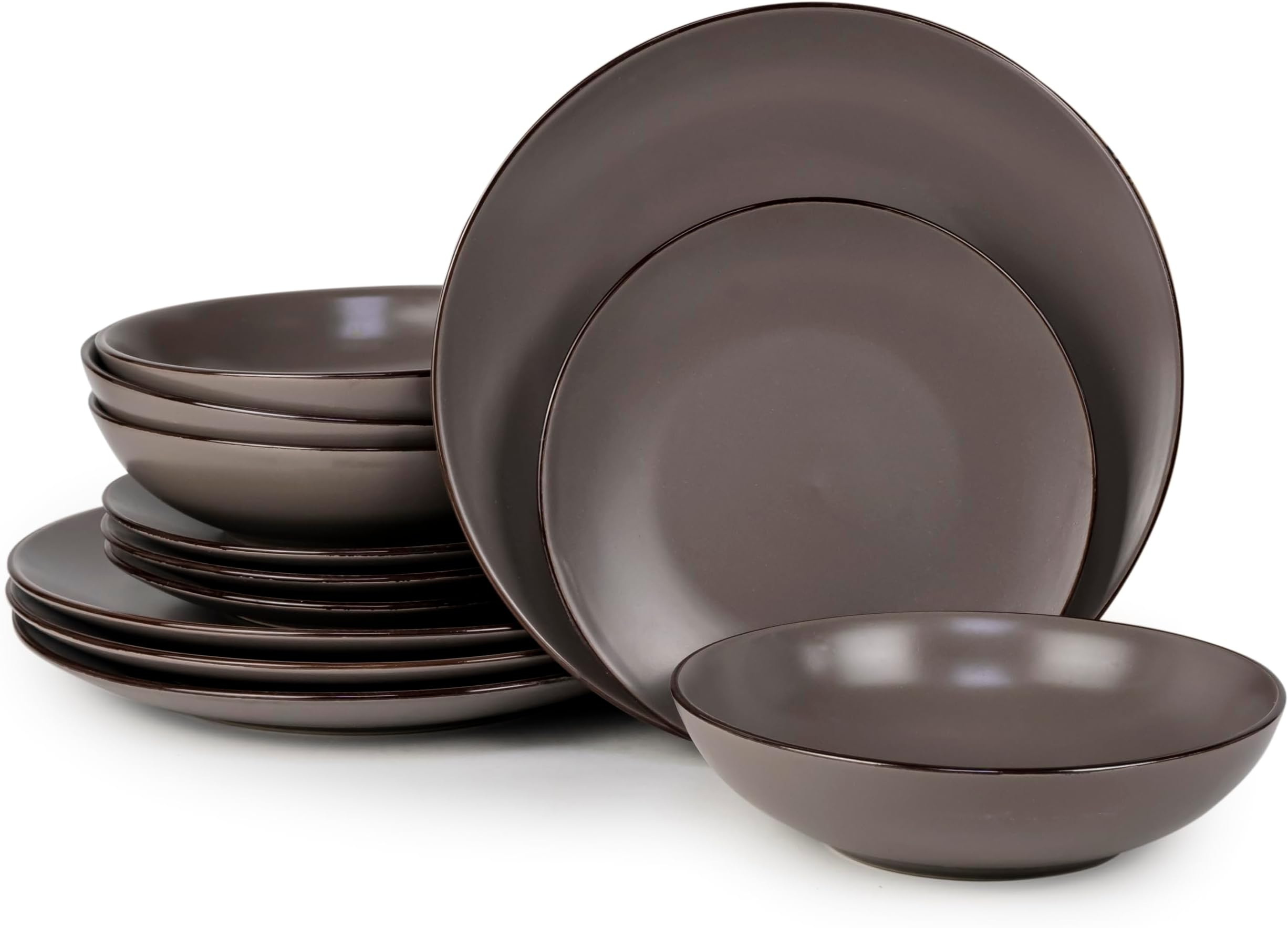 Bone China12-Piece Stoneware Dinnerware Set - Elegant Ceramic Crockery for 4 - Includes 26cm Dinner Plate, 20cm Salad Plate, and 20cm Bowl with Brown Color Rim
