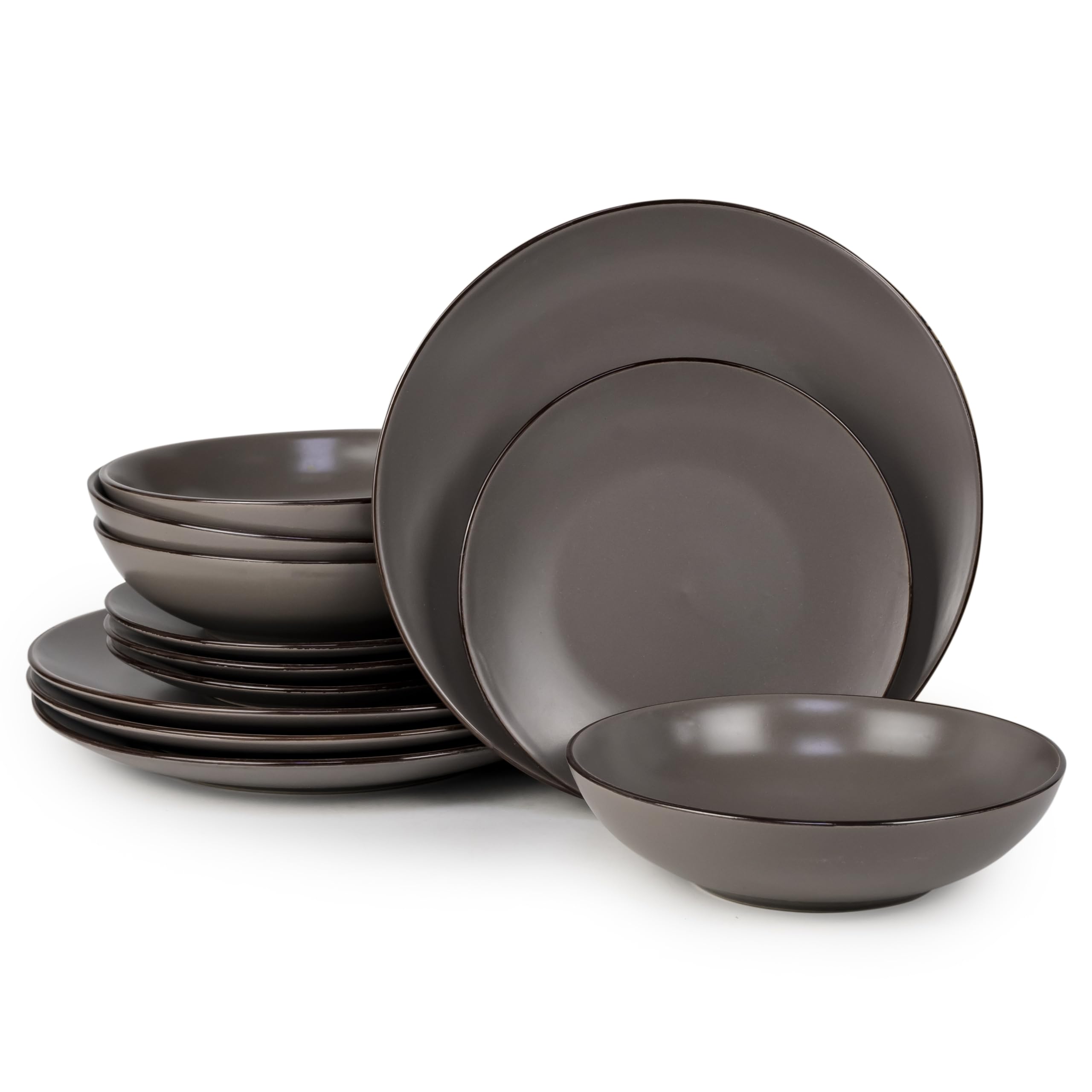 Bone China12-Piece Stoneware Dinnerware Set - Elegant Ceramic Crockery for 4 - Includes 26cm Dinner Plate, 20cm Salad Plate, and 20cm Bowl with Brown Color Rim
