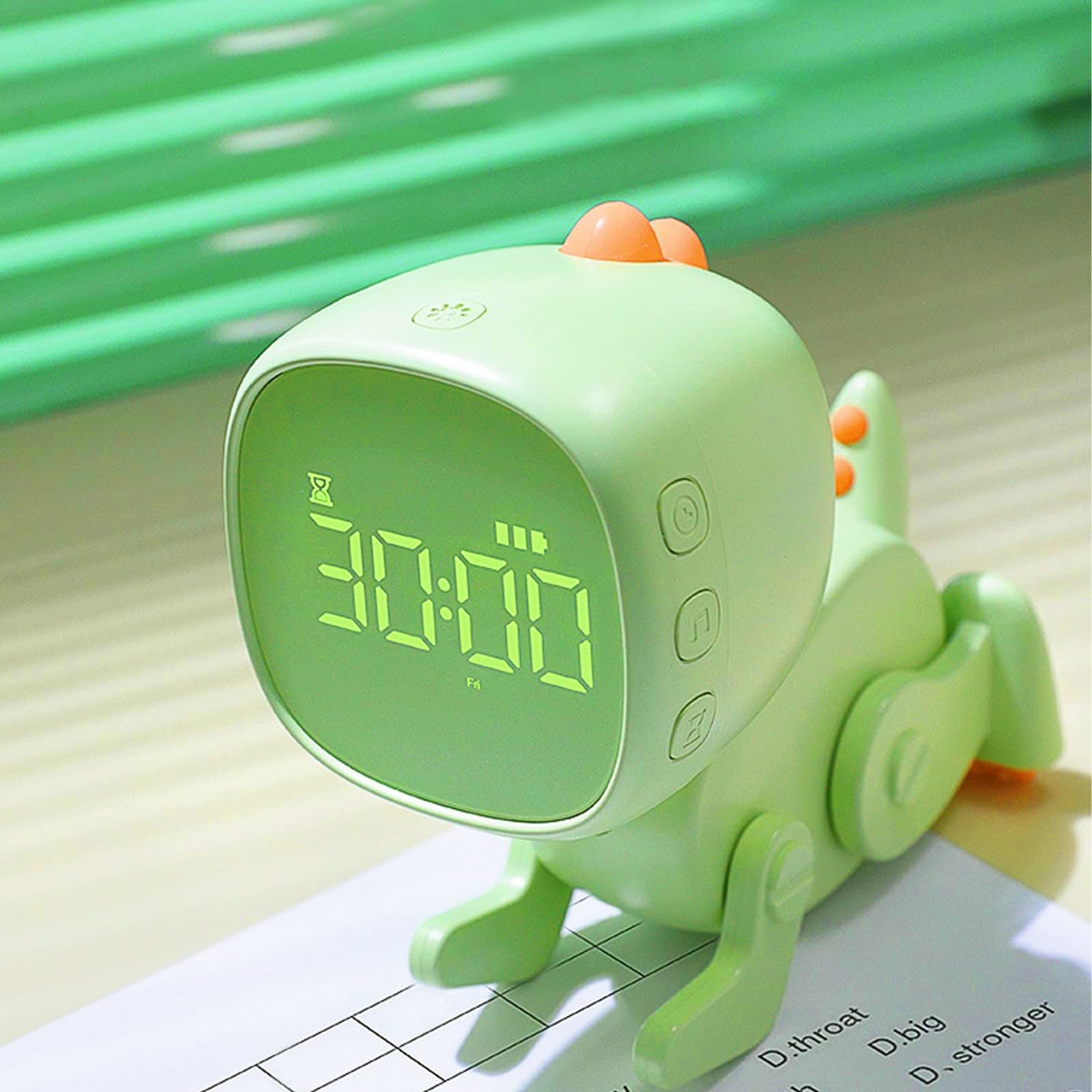 Reloj despertador digital para niños, luz nocturna de dinosaurio con 3 grupos de alarma, sonido y brillo regulable en carga USB, color verde