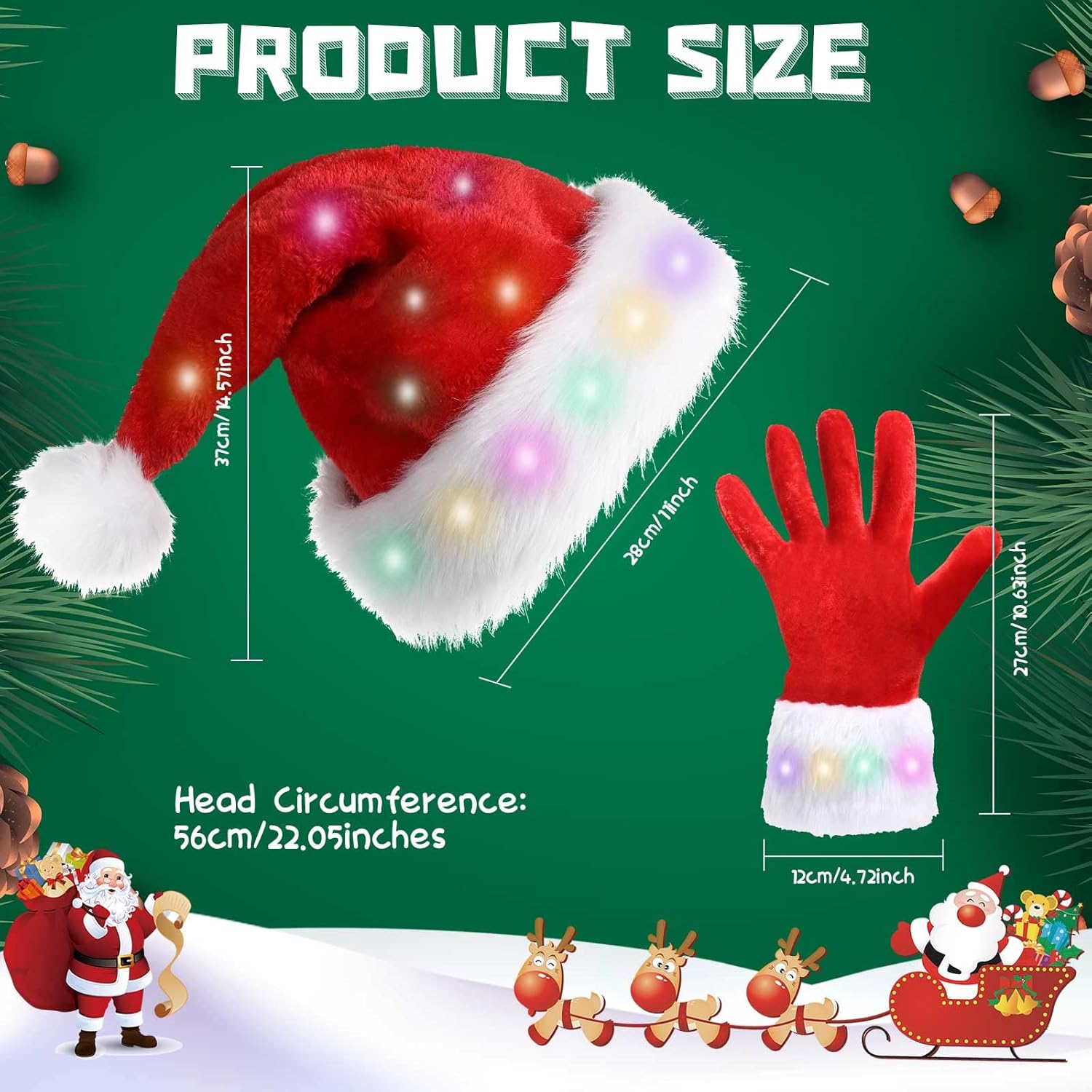 Miniatura 2 de 2 juegos de sombreros de Navidad con luces LED y guantes de terciopelo rojo, sombrero de Navidad con luz LED, sombrero de Santa Claus de Navidad,