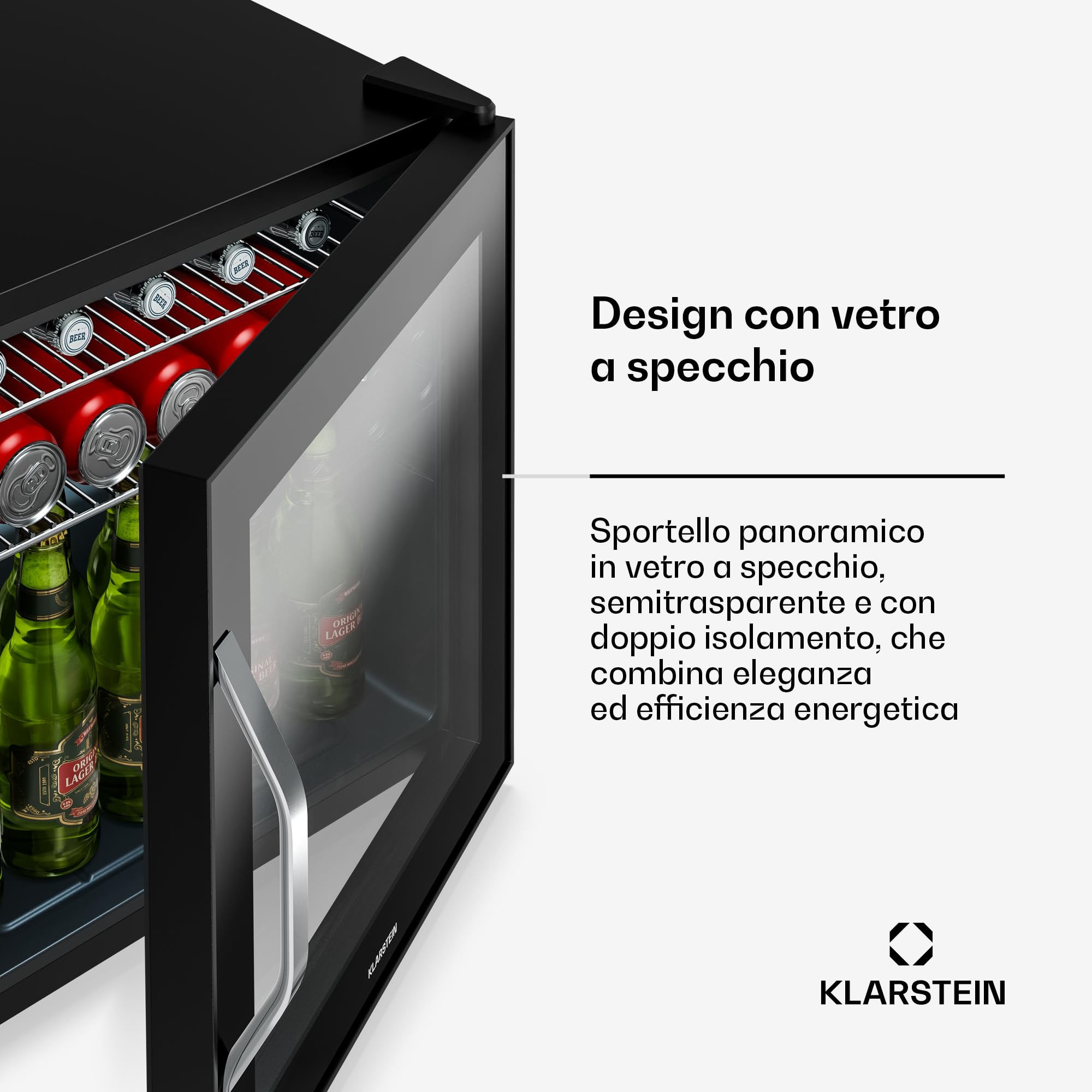 KLARSTEIN Frigo Vetrina Bibite 47L - Porta in Vetro a Specchio, LED, Temperatura 0-13°C, 2 Ripiani Removibili, Frigorifero Vetrina Bibite, Design Moderno