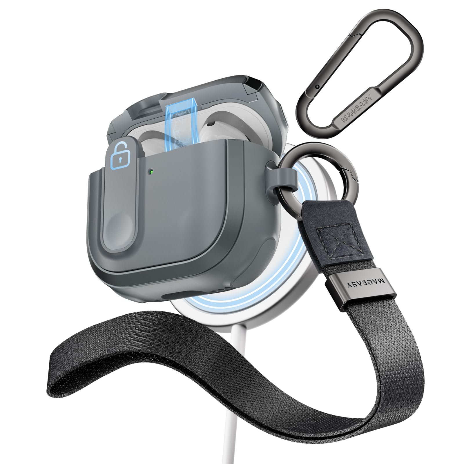 Photo 1 of MAGEASY Odyssey AirPods 4 Case Cover with Secure Lock + Travel Clip + Wristlet, MagSafe Wireless Charging Compatible, Drop Protection Apple AirPod Pro 4 Generation Magnetic Case (Metal Blue Grey)