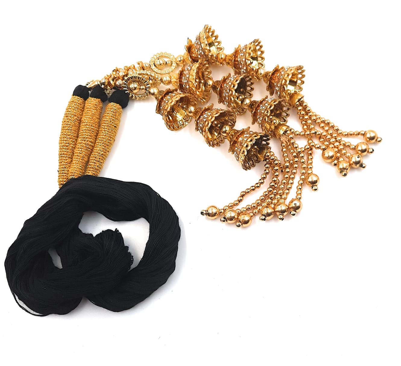 Handgefertigter Punjabi-Paranda im Jhumka-Stil für Damen und Mädchen, traditionelles Haar-Accessoire mit Perlen und Quasten, Patiala Shahi Parandi, Choti (hängend, Schwarz und Jhumka-Gold), einteilig,