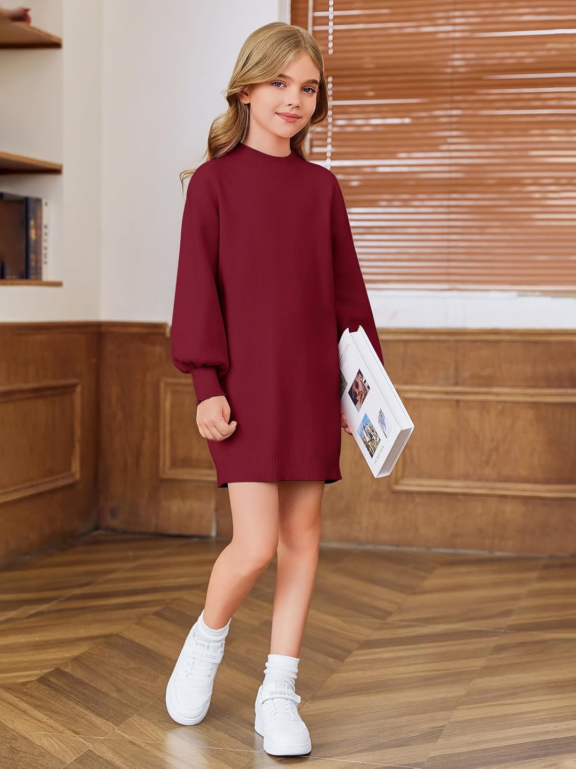 Haloumoning Girls Oversized Sweater Dress Kids Fall Long Lantern Sleeve Ribbed Knit Pullover Dresses - Image 3