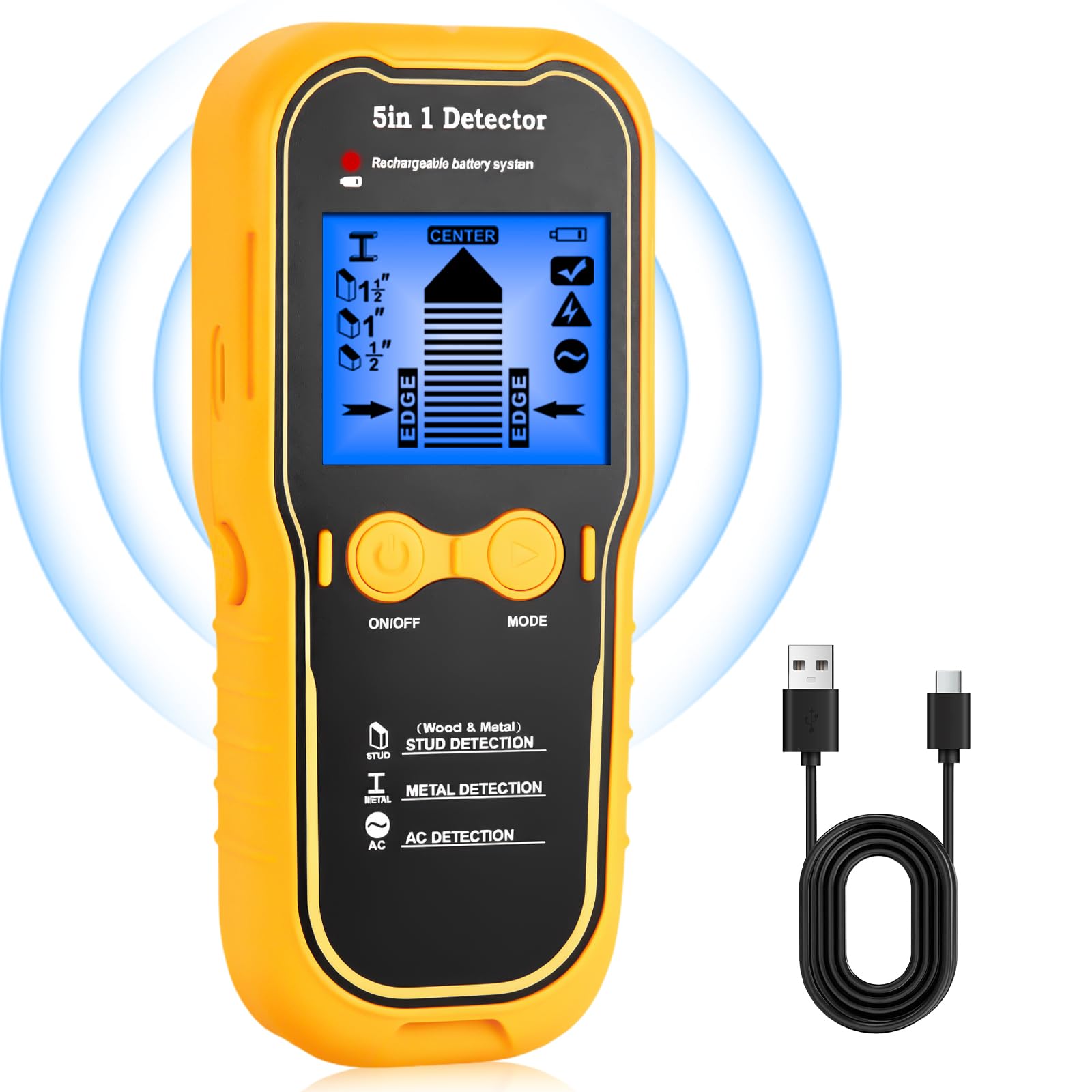 Wiederaufladbarer 5-in-1 Stud Finder Wandscanner – LCD Display & akustisches Signal, Balkensucher für Holz, Metall & Stromkabel, USB Wanddetektor für TV-Montage, Regale & Heimwerker