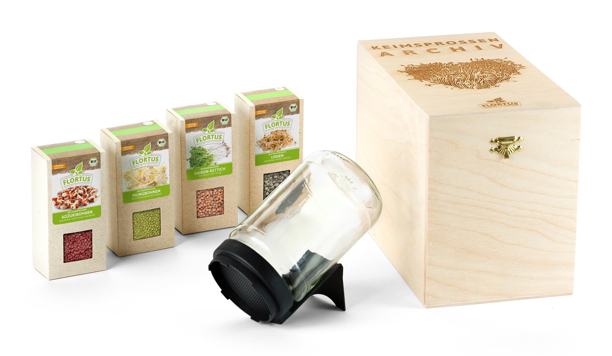 FLORTUS BIO Keimsprossen Archiv Geschenkbox - Asiatisch inkl. 4 Sprossensorten | Mungbohnen, Linsen, Adzukibohnen & Daikon Rettich | Geschenkset mit Sprossenglas | Keimsprossenbox Holzbox mit Deckel