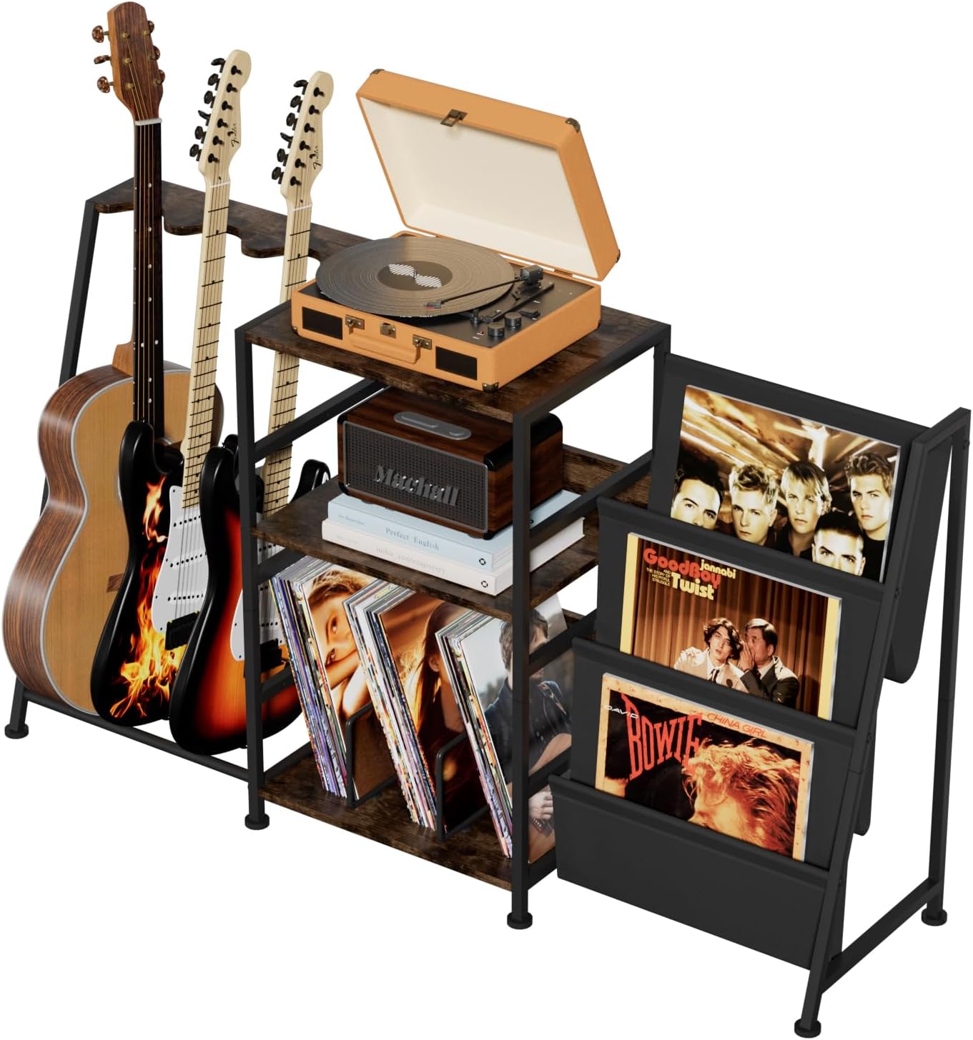 Hosfais Record Player Stand, 3 Tier Guitar Stand for Acoustic, Electric Guitar, Bass Stand, Vinyl Record Storage Up to 200 Albums, Brown Records Shelf for Living Room Bedroom (Black)