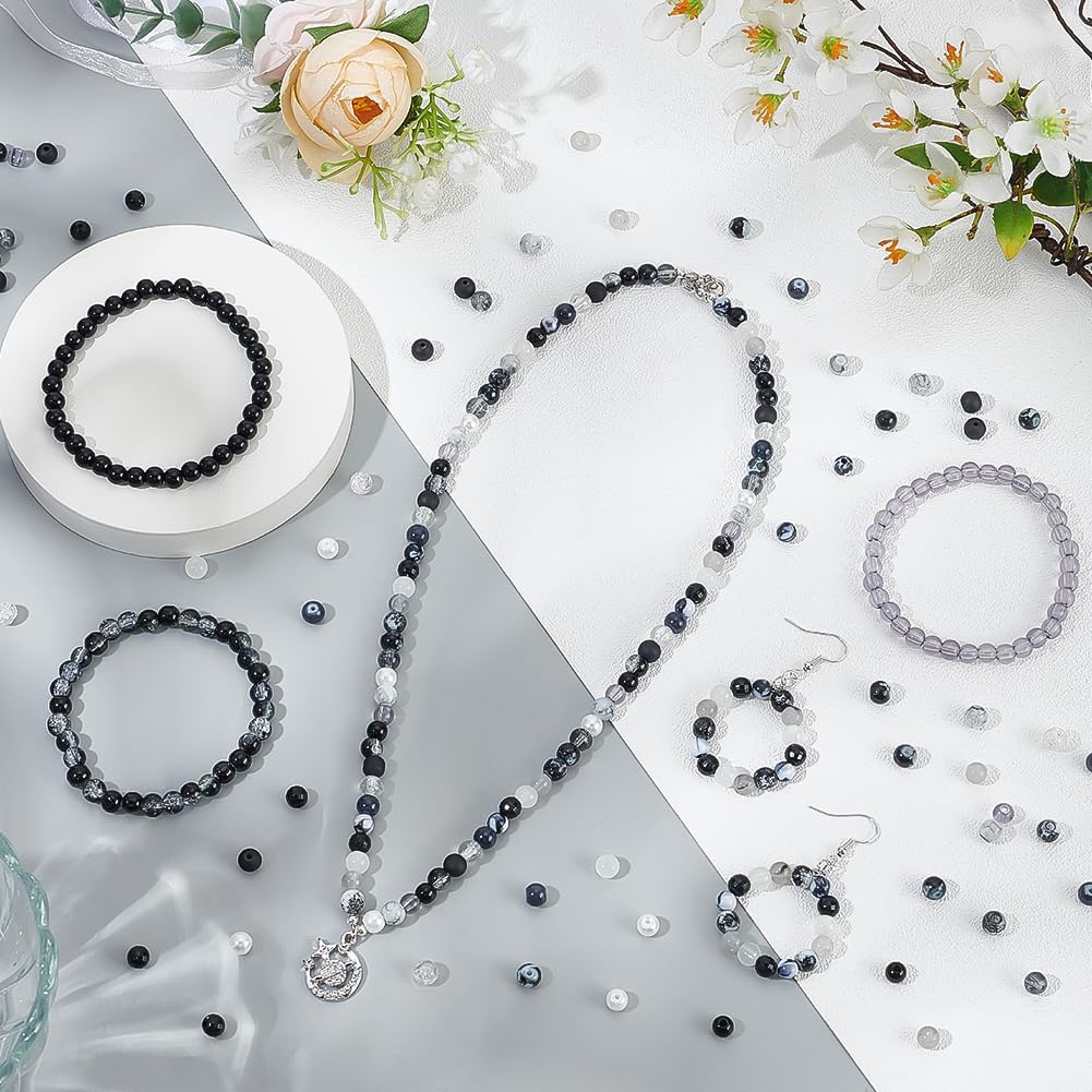 PH PandaHall 750pcs Black White Glass Bead 15 Styles Round Crystal Beads 6mm Crackle Beads Frosted Loose Bead Transparent Acrylic Charms for Ramadan Jewelry Making Bracelets Necklaces Craft - Image 4