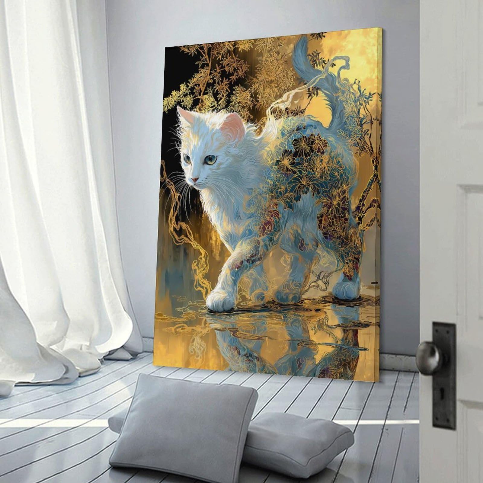 Junmoney Frame-Style-2 Enchanted White Cat With Floral Patterns Canvas Wall Picture, 20X30inch(50X75cm), For Study, Office Or Focused Interiors, Home Office Artwork With Decorative Appeal