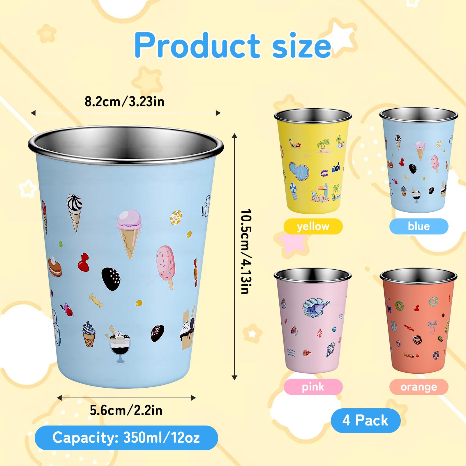 4 Pièces Gobelet Inox pour enfant, 350ml Tasse Enfant Réutilisables pour Garçons et Filles, Tasse Inox Incassable pour École, Maison, Plein Air(4 Estampes)