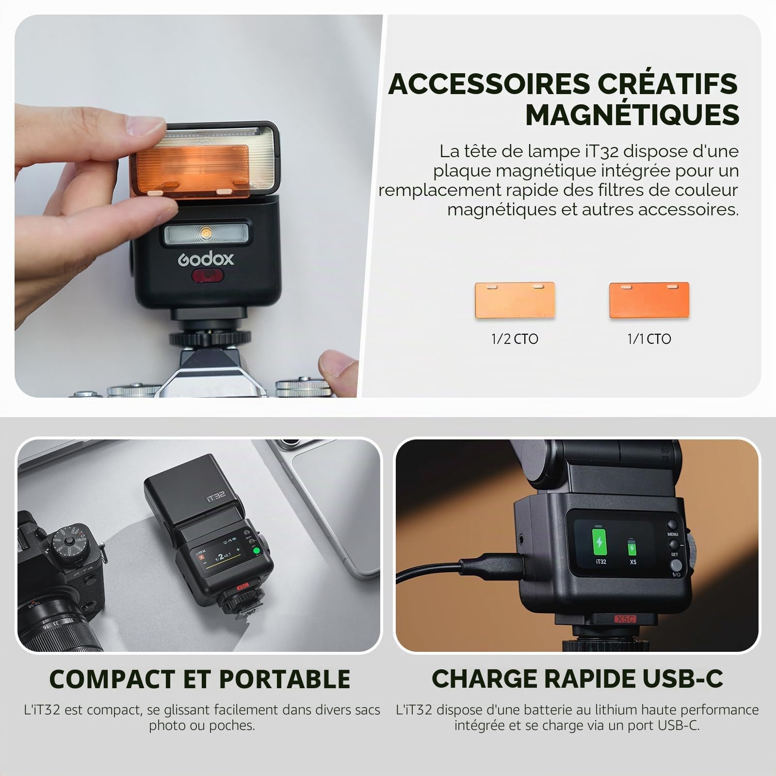 Godox iT32 TTL Flash avec Godox X5C Déclencheur pour Appareil Photo Canon, 2,4G HSS 1/8000s Flash, 510 Eclairs à Pleine Puissance, Écran Tactile, Récepteur et Diffuseur Intégré, Griffe Magnétique