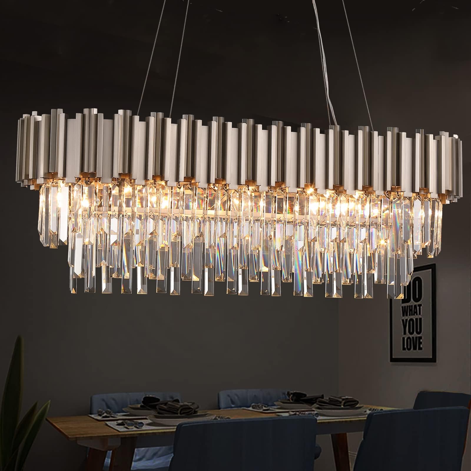 L43.3 Modern Rectangle Crystal Chandelier Nickel Linear Pendant Ceiling Light Fixture for Dining Room Contemporary Oval Raindrop Chandeliers Lighting for Kitchen Island 13-Light