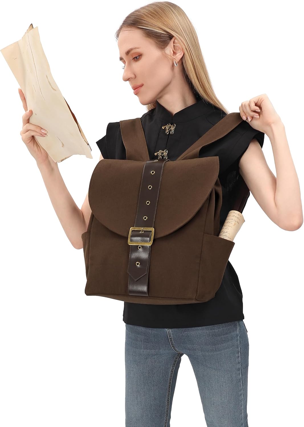 Renaissance Canvas Backpack Vintage Medieval Travel Rucksack Bag Ren Faire Accessories (Brown) - Image 2