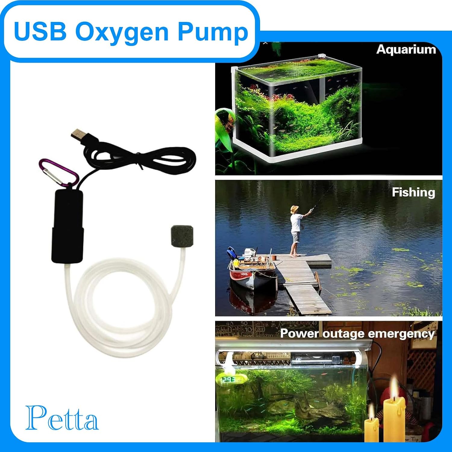 USB Oxygen Air Pump for Aquarium, Quiet Mini Air Pump with 1 Sponge Filter, 1 Air Stone for Shirmp Nano Fish Tank & Transporting Aquatic PA152-1