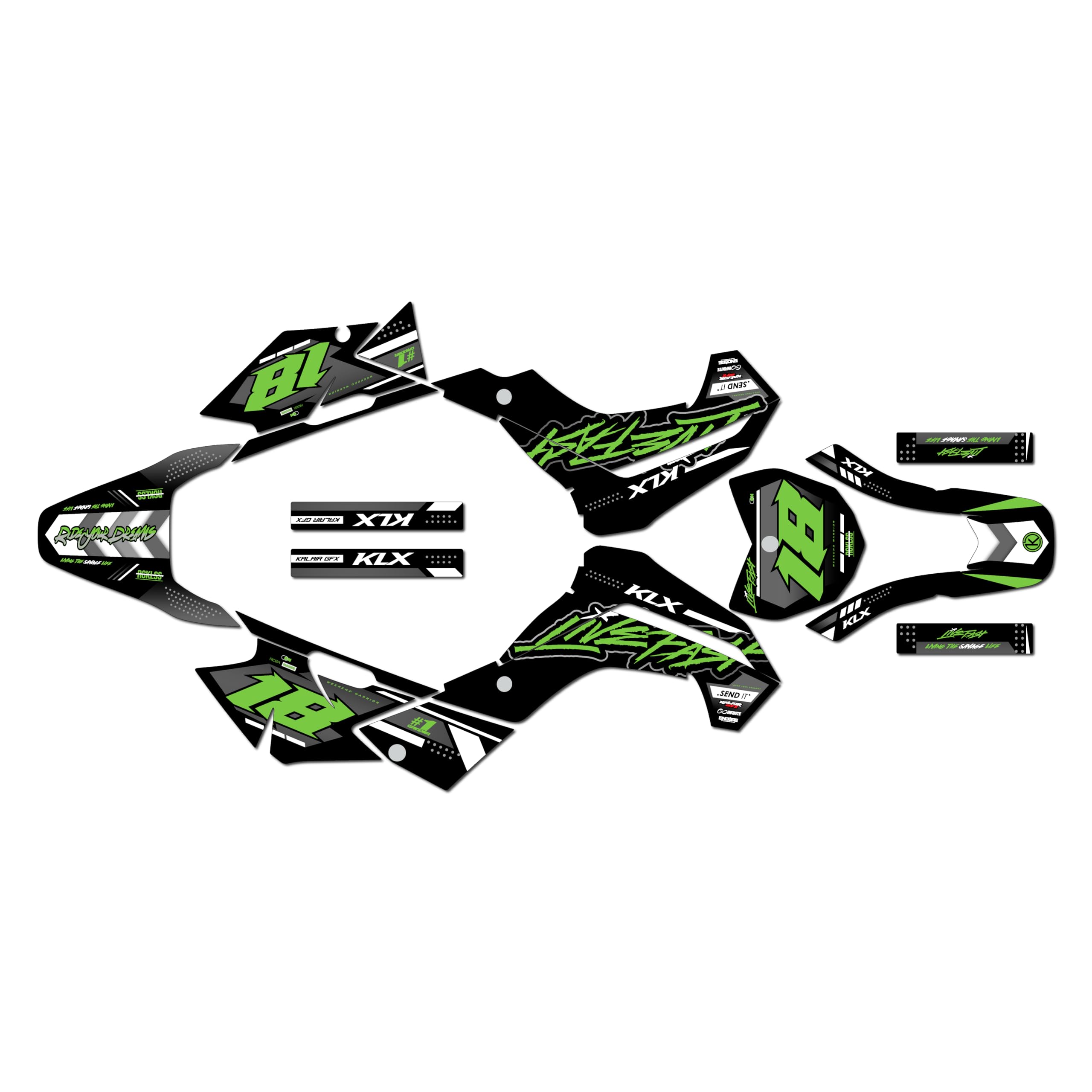 Kalair GFX Graphics Kit for Kawasaki KLX140 2008-2018 and KLX140R 2019+ Rebel Series Green 09 Mil - Dirt Bike Custom Racing Graphics Decals Stickers