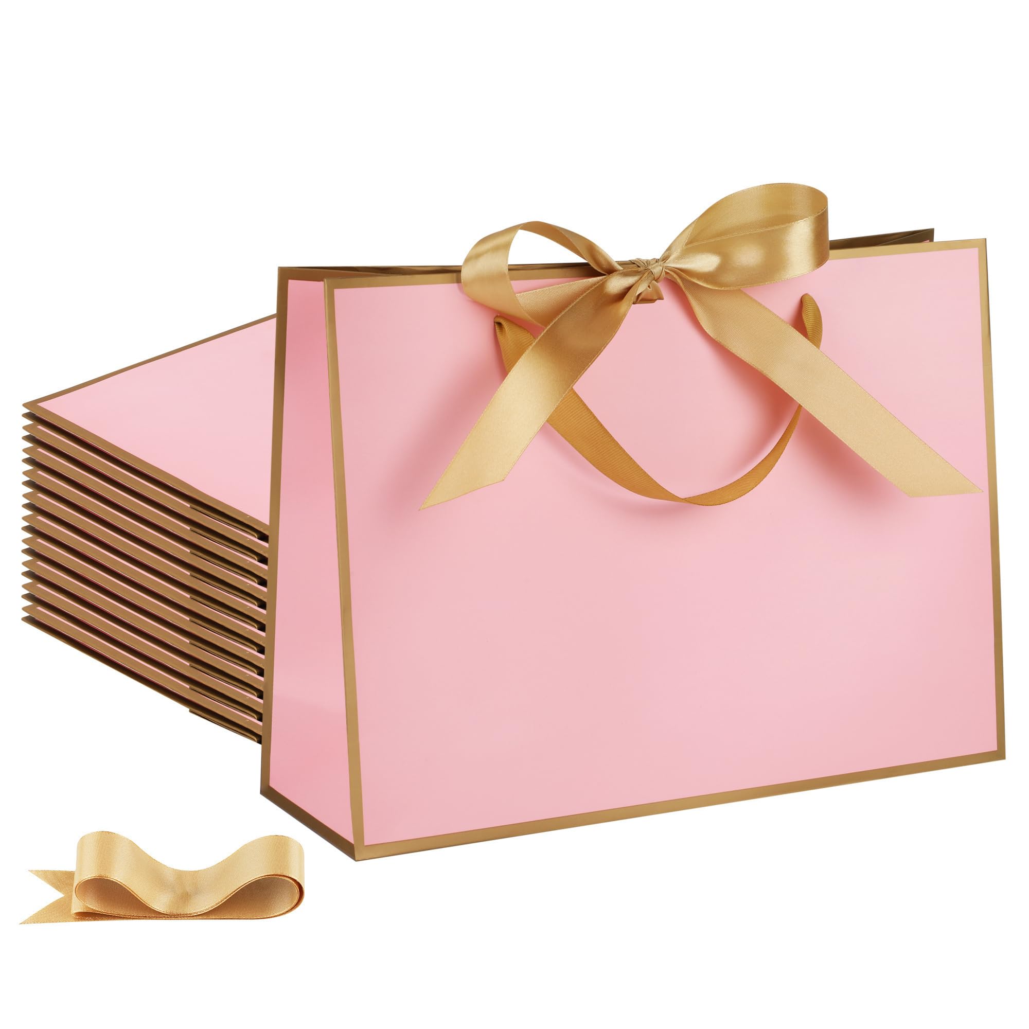 STOBOCTER 12 Pcs Thank You Gift Bags with Handles 12.6"x4"x9.1'' Welcome Bags Return Gifts with Bow Ribbon for Wedding Bridesmaid Baby Shower Graduation Housewarming Birthday Party(Pink, Gold)
