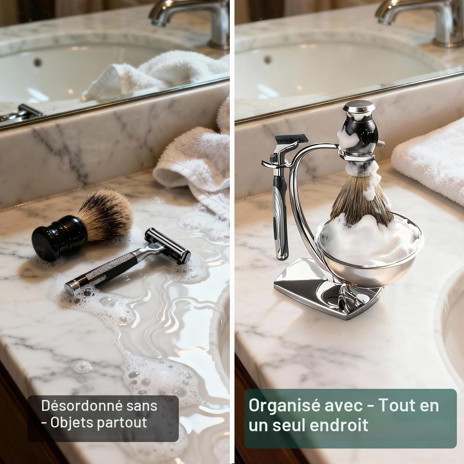 GRUTTI Kit rasage 3-en-1 homme: Bol inox magnétique + Support zinc chromé + Pinceau synthétique poil de blaireau | Hygiénique & Pratique | Ajoutez votre rasoir!