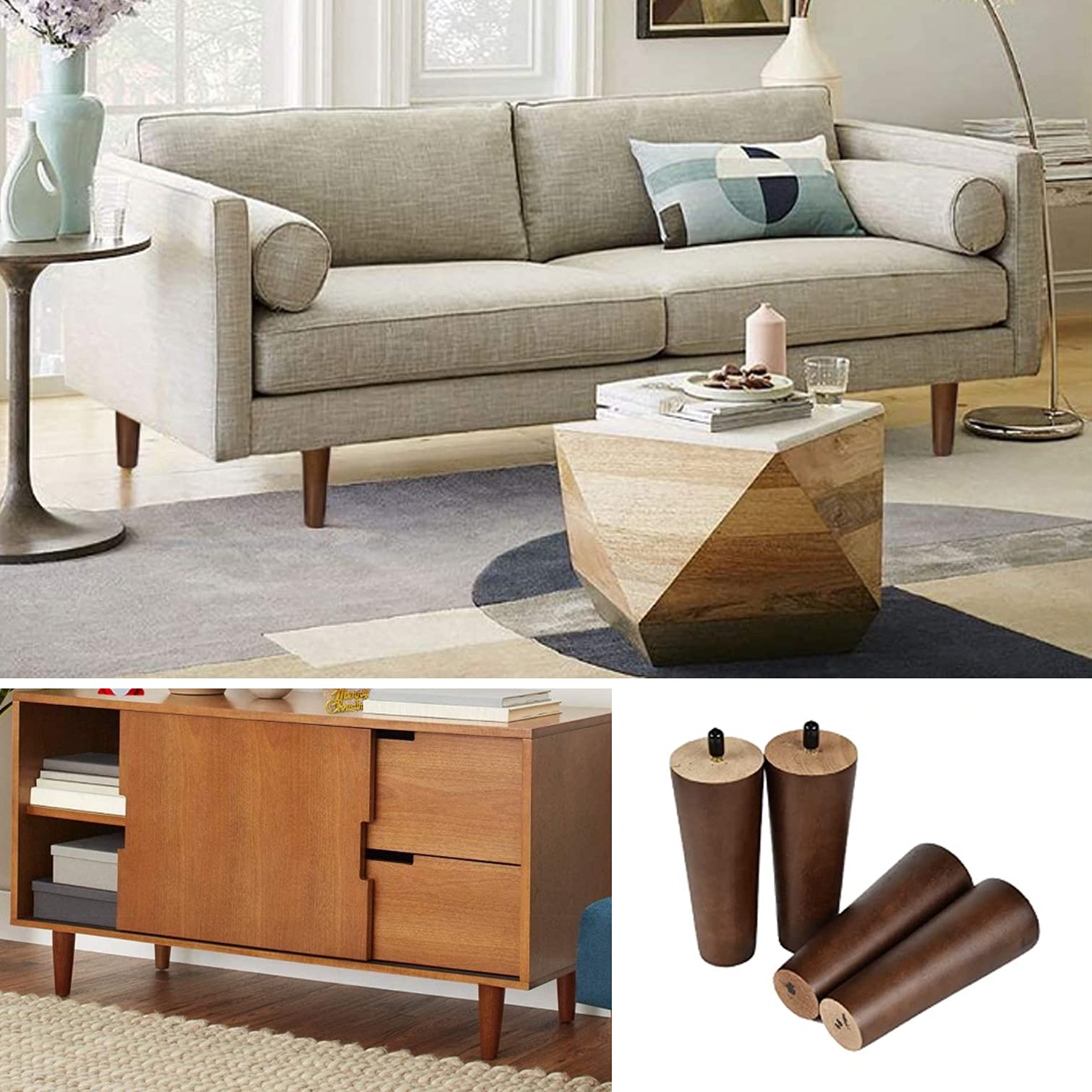 Set di 4 Gambe per Mobili In Legno Massello,Bullone M8 Colore Noce Gambe Per Divano Piedini di Ricambio,per Armadio,Sedia,Comò,Letto,Tavolino Accessori Hardware per Mobili (25cm)