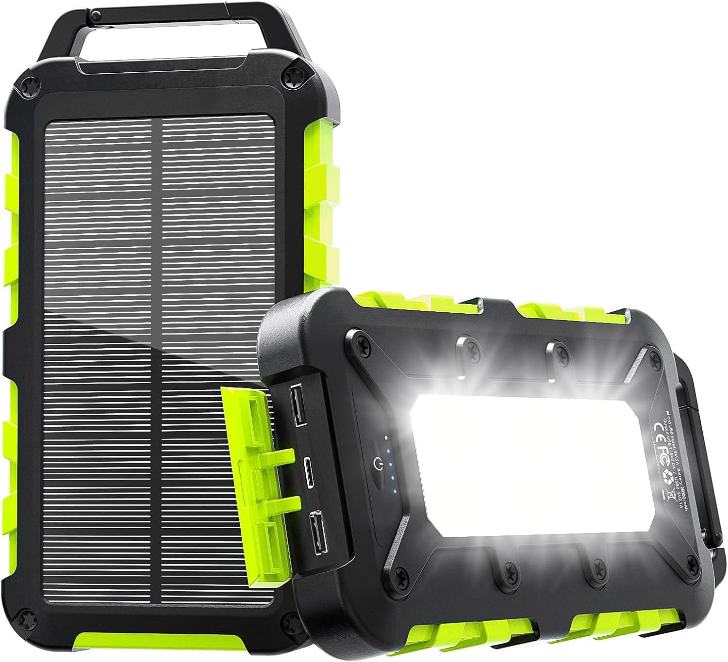 Solar Power Bank 26800 mAh, PD 15 W Portable Solar Charger USB C Outdoor Waterproof External Battery with LED Light and 3 Outputs for Tablets, Smartphones, Outdoor Camping and More Green