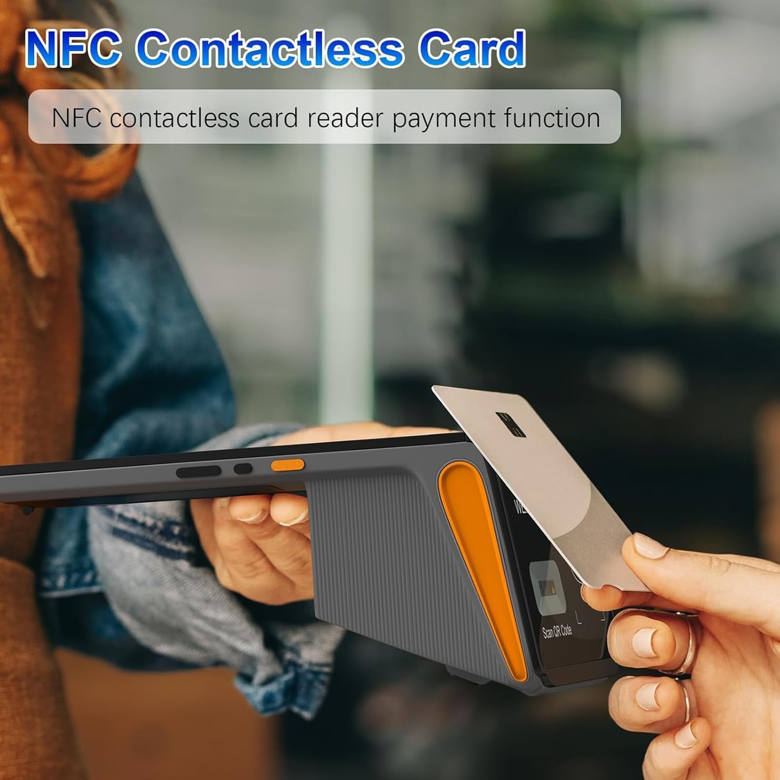 Terminale POS con touch screen da 8 pollici, stampante per ricevute da 58 mm, connettività 4G e WiFi, scanner di codici a barre e funzionalità NFC