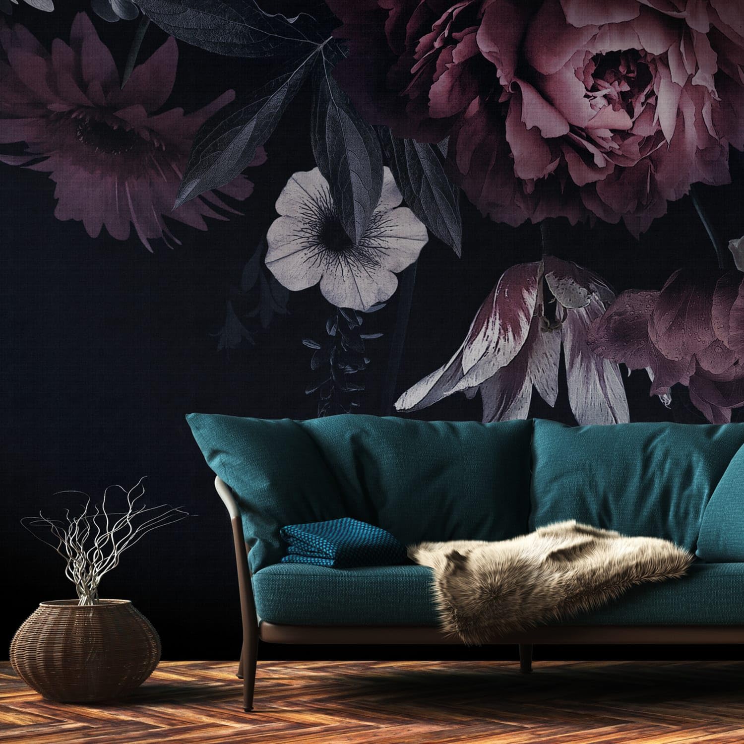 Papier peint floral intissé Profhome 382791-GU noir et vert panoramique de 10,39 m2