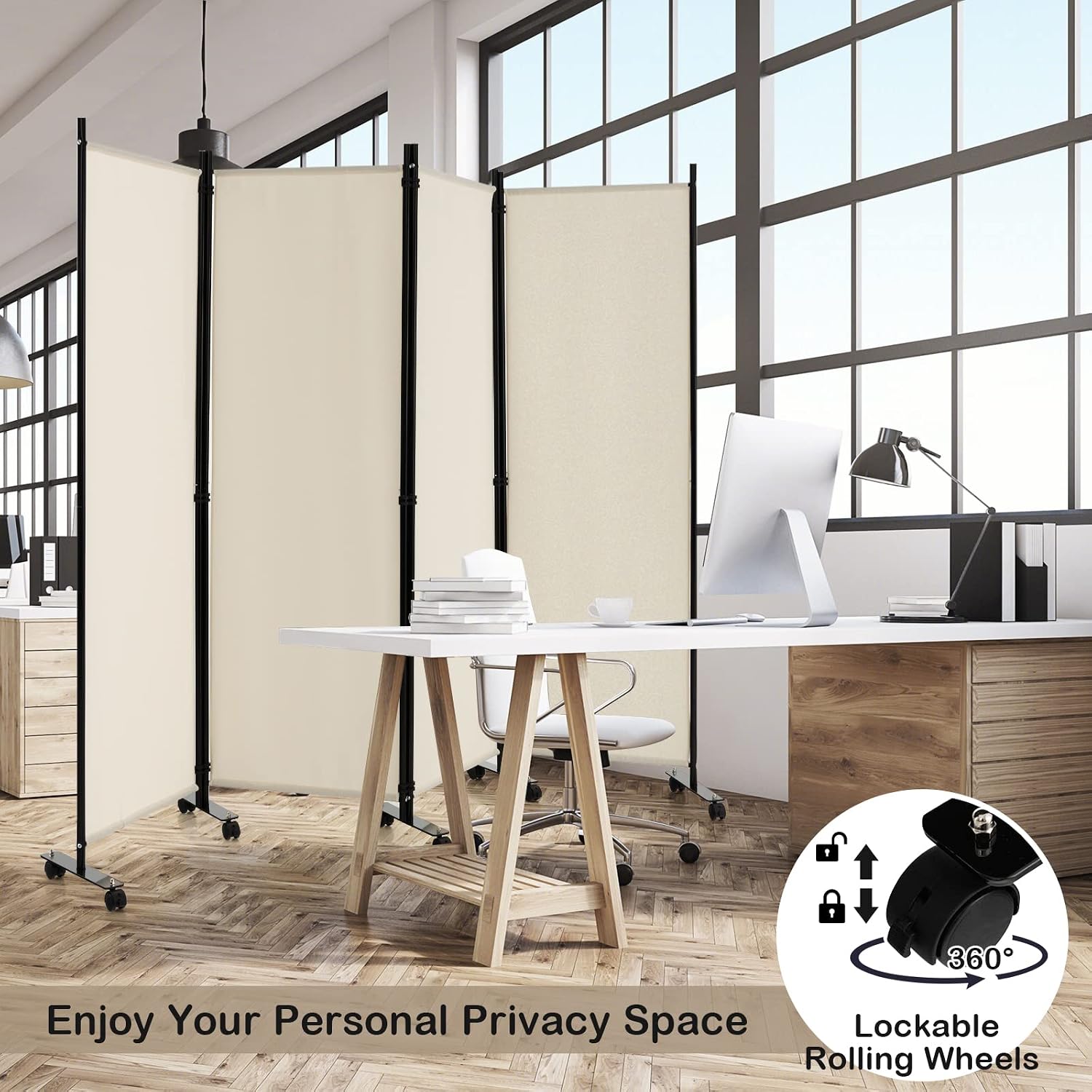 LDAILY 4 Panels Folding Room Divider, 6FT Tall Fabric Privacy Screen w/Metal Frame, Freestanding Partition Wall Divider w/Rolling Wheels for Bedroom, Dining Room, Office, Hospital (White, 4-Panel)