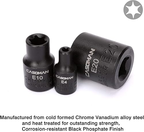 Miniatura 4 de CASOMAN E-TORX - Juego de 11 llaves de vaso hembra con riel, juego de llaves de torsión E4 - E20 y 9 piezas de perfil bajo impacto, triple cuadrado,