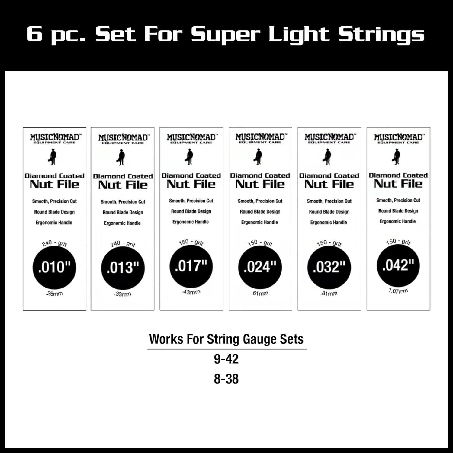 MusicNomad 6 pc. Electric Guitar Diamond Coated Nut File Set - Super Light Strings (MN667)