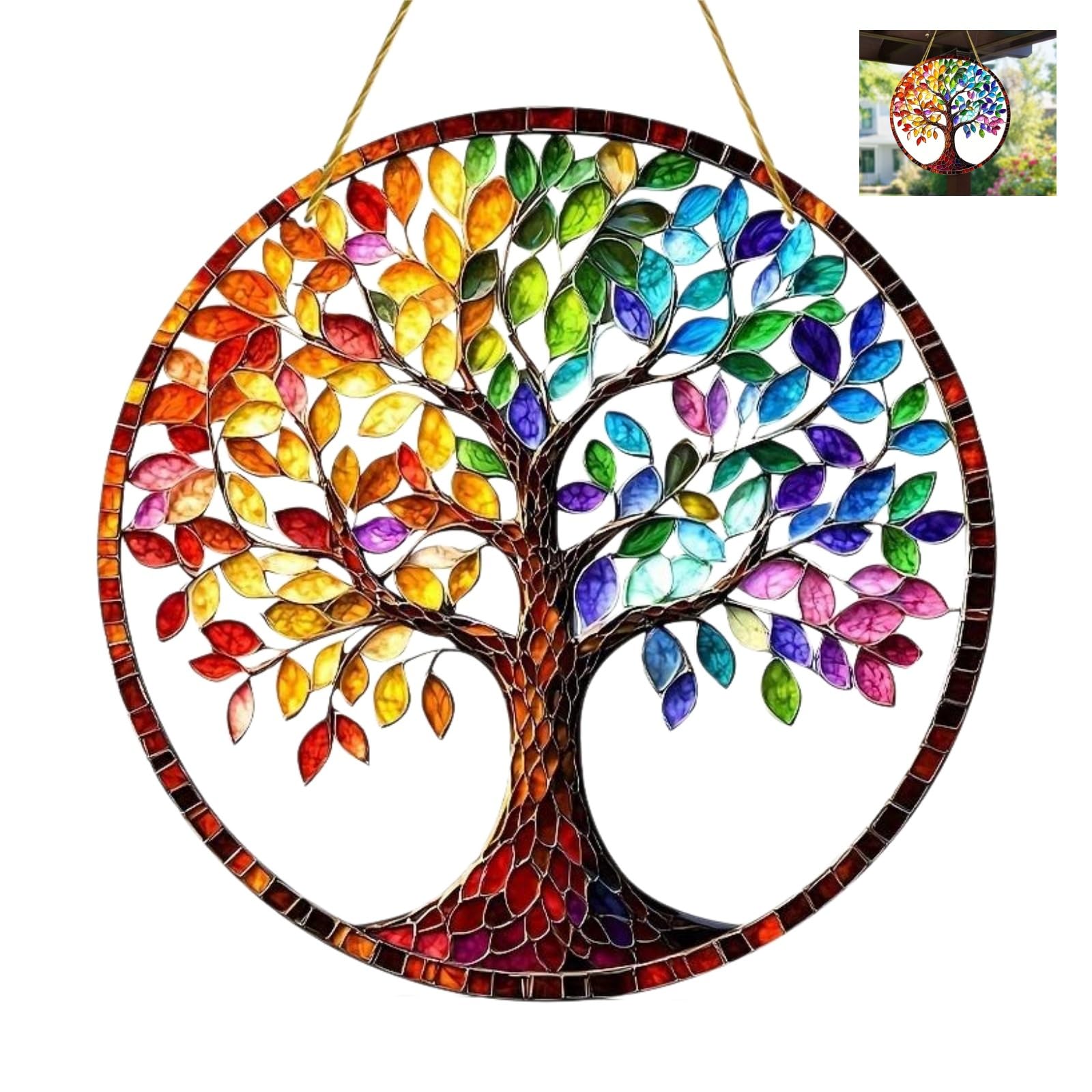 Wooden Suncatchers Wall Hanging - Tree of Life Design Crystal Suncatcher Kit, Rainbow Light Hanging Garden Ornaments & Wind Chimes for Outdoor Windows, Patio, Balcony Decor