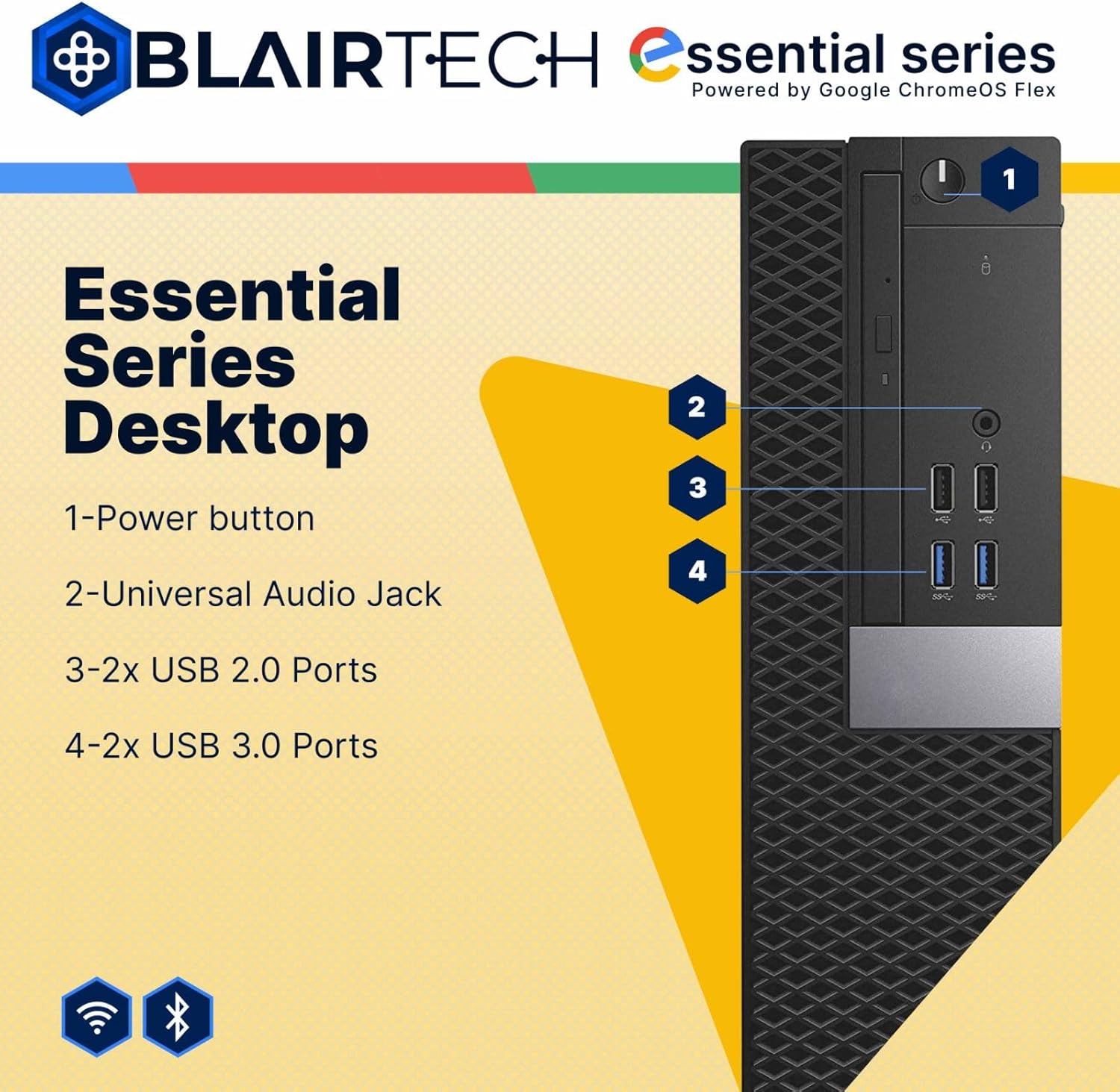 Blair Tech Desktop Computer PC – Essential Series – Intel Core i5, 8GB RAM, 256GB SSD, WiFi 6, Bluetooth, HDMI & DisplayPort – Powered by Google ChromeOS Flex (Renewed)