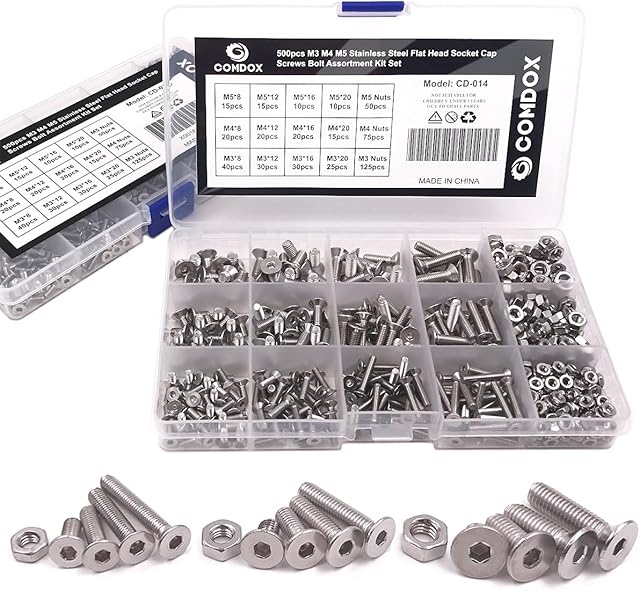 Comdox 500pcs Socket Cap Screws Hex Head Bolt Nuts Assortment Kit Set, Stainless Steel, M3 M4 M5 Thread Size, Full Thread, Countersunk Head, Allen Hex Drive