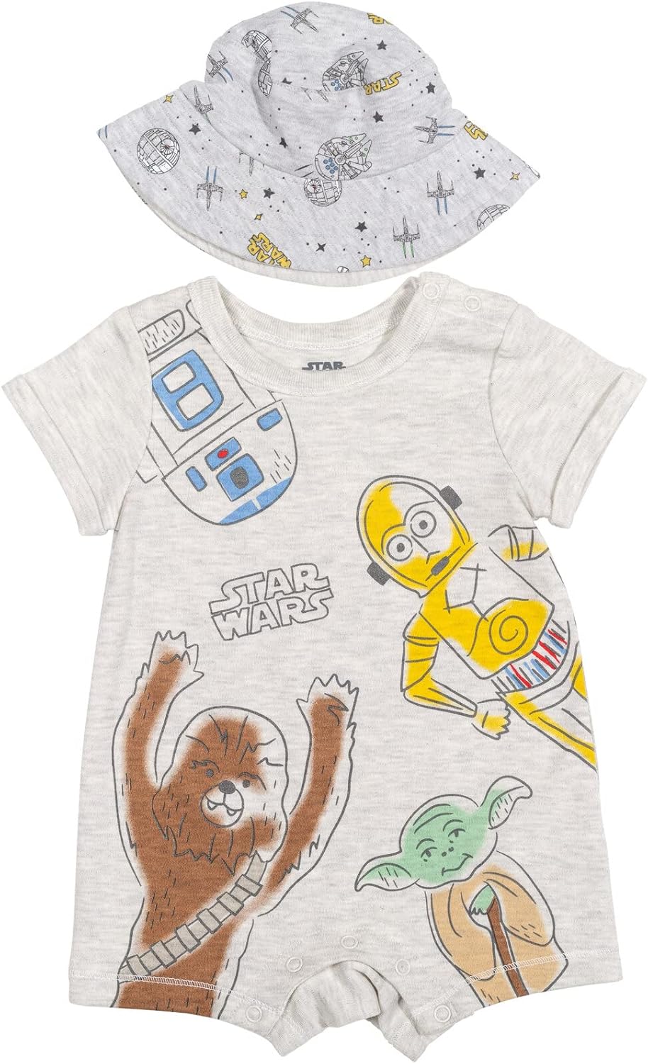 STAR WARS The Mandalorian Grogu Yoda R2-D2 Chewbacca C-3PO Baby Romper and Bucket Sun Hat Newborn to Infant