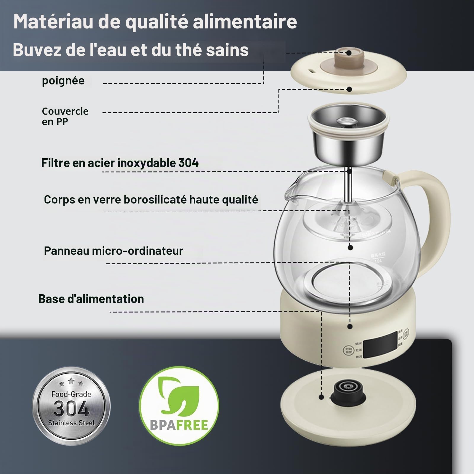 Machines À Thé Chaud, Machine À Thé 600 W, Panneau De Micro-Ordinateur, Corps en Verre Borosilicaté, 11 Niveaux D'isolation Thermique Réglable, 1 L, avec Maintien Au Chaud Pendant 8 Heures