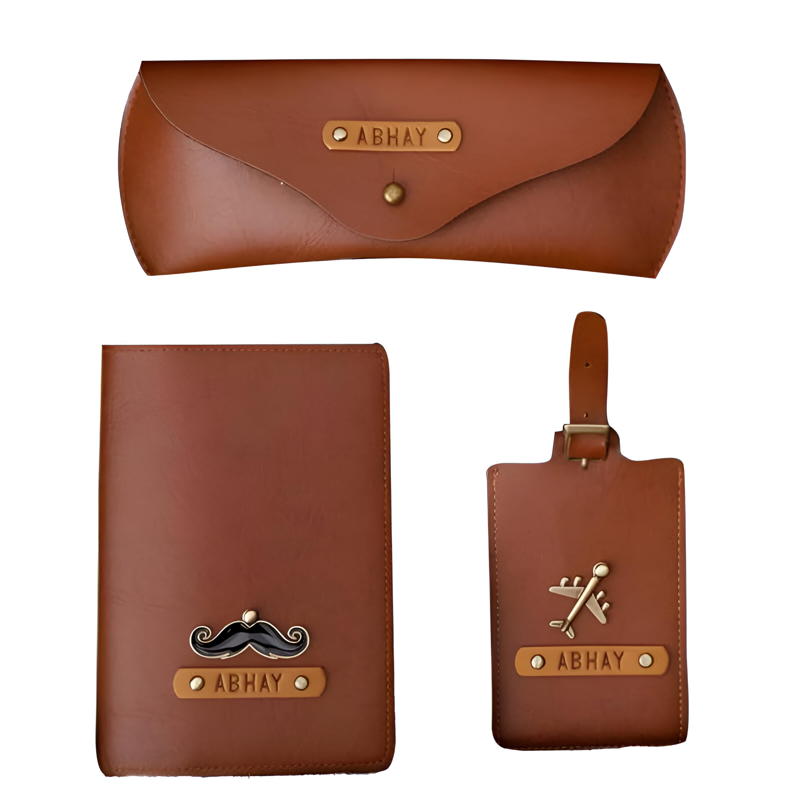 Personalised Gift Hamper for Couple with PU Leather Customize Passport Cover, Luggage Tag & Eyewear Case | Gift Combo for Wife and Husband with Personalized Name & Charms (Tan)