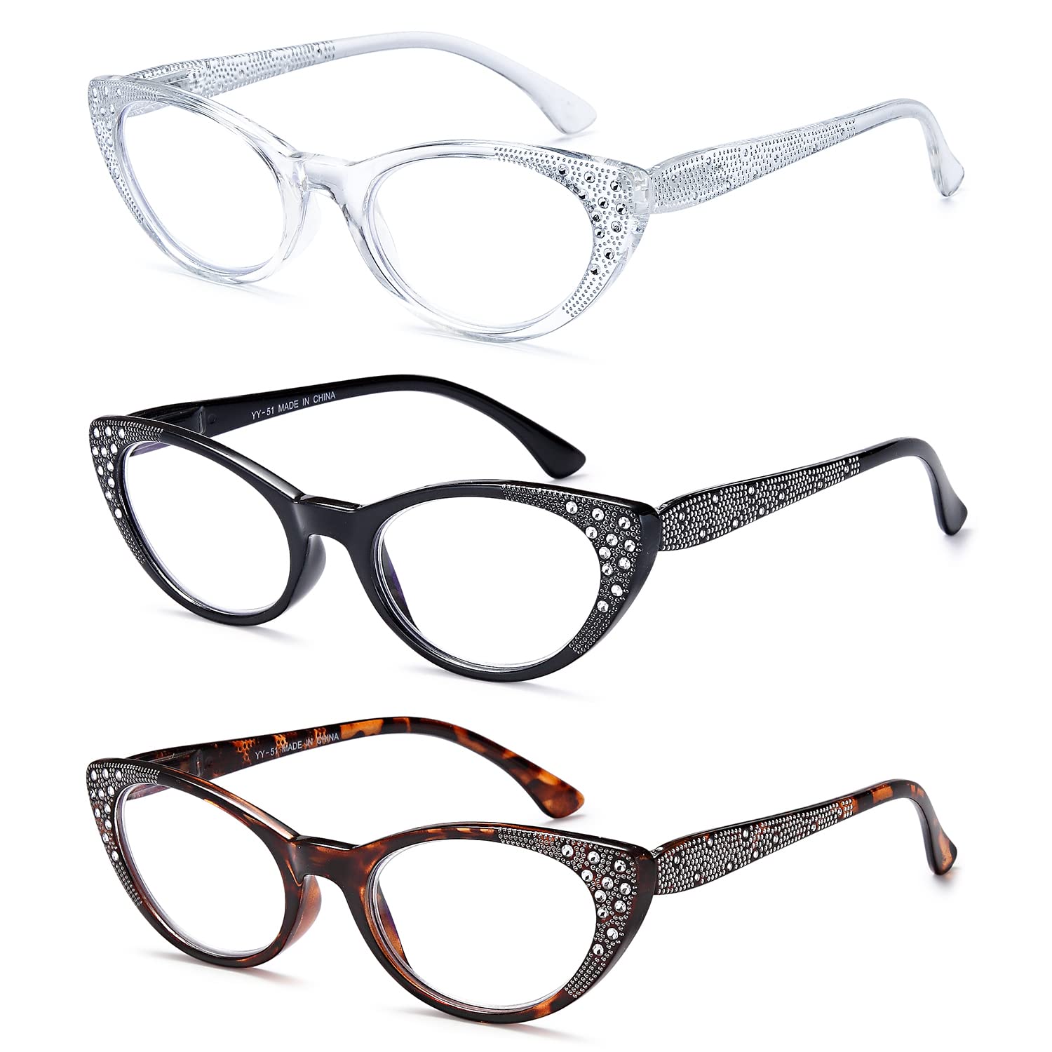 EYEURL Cat Eye Lesebrille für Damen 3er-Pack Blaulichtfilter Brille | Computerbrille Katzenauge Lesebrille mit sehstärke strass mit Federscharnier Anti Augenbelastung/Helligkeitsreflexion