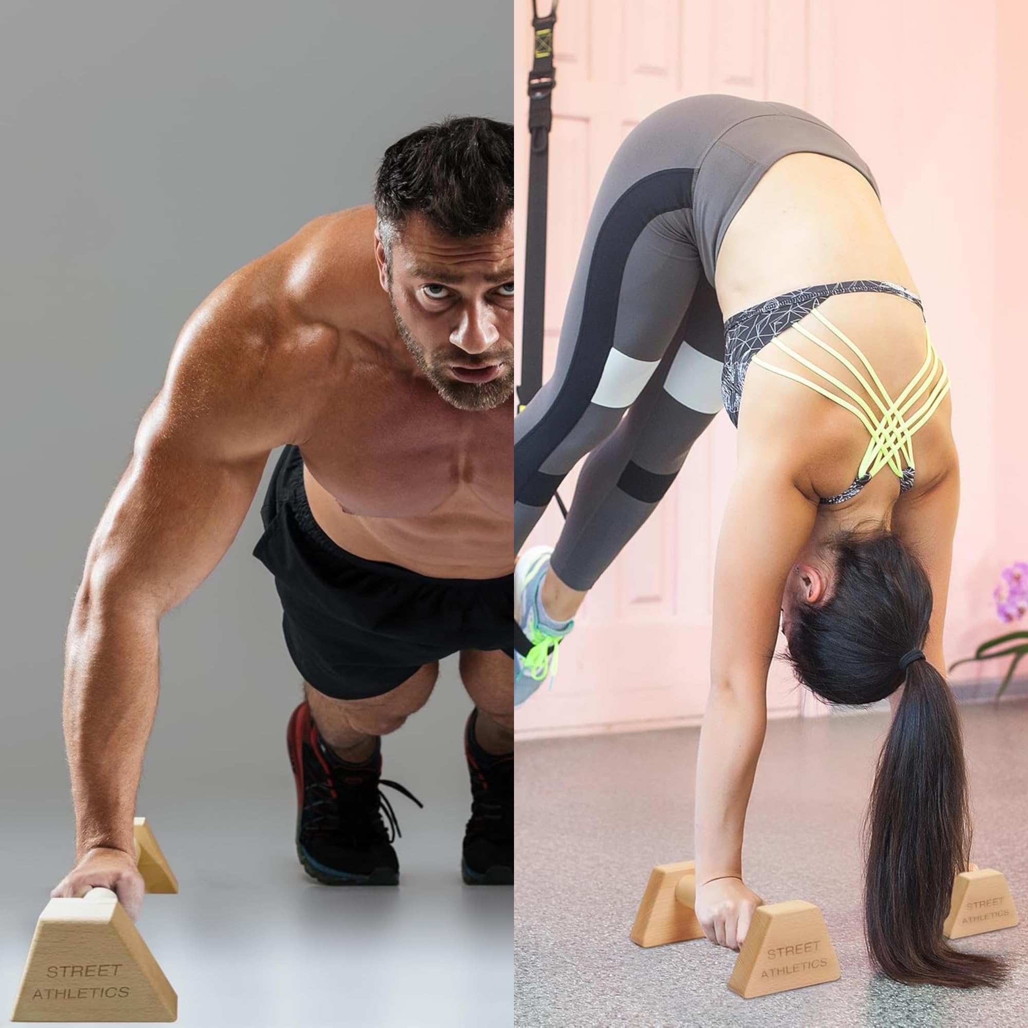 Parallèles callisthénie en bois massif - Barres parallèles antidérapantes 300 kg - Parallettes professionnelles pour pompes, fonds, Handstand - Support d'entraînement en intérieur et extérieur