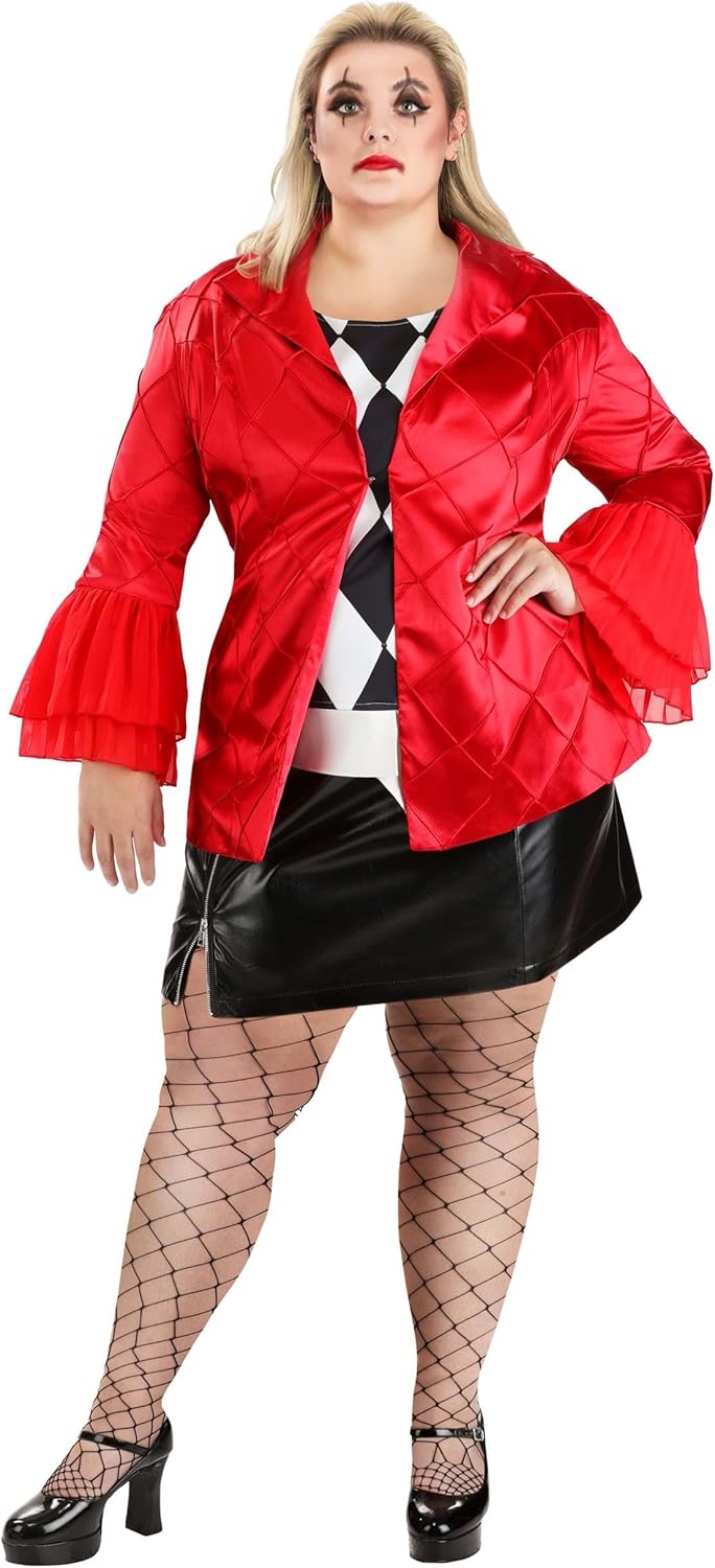 Women's Plus Size Lady Jokester Costume | Harley Villain Cosplay Blazer, Diamond Top with Faux Leather Skirt