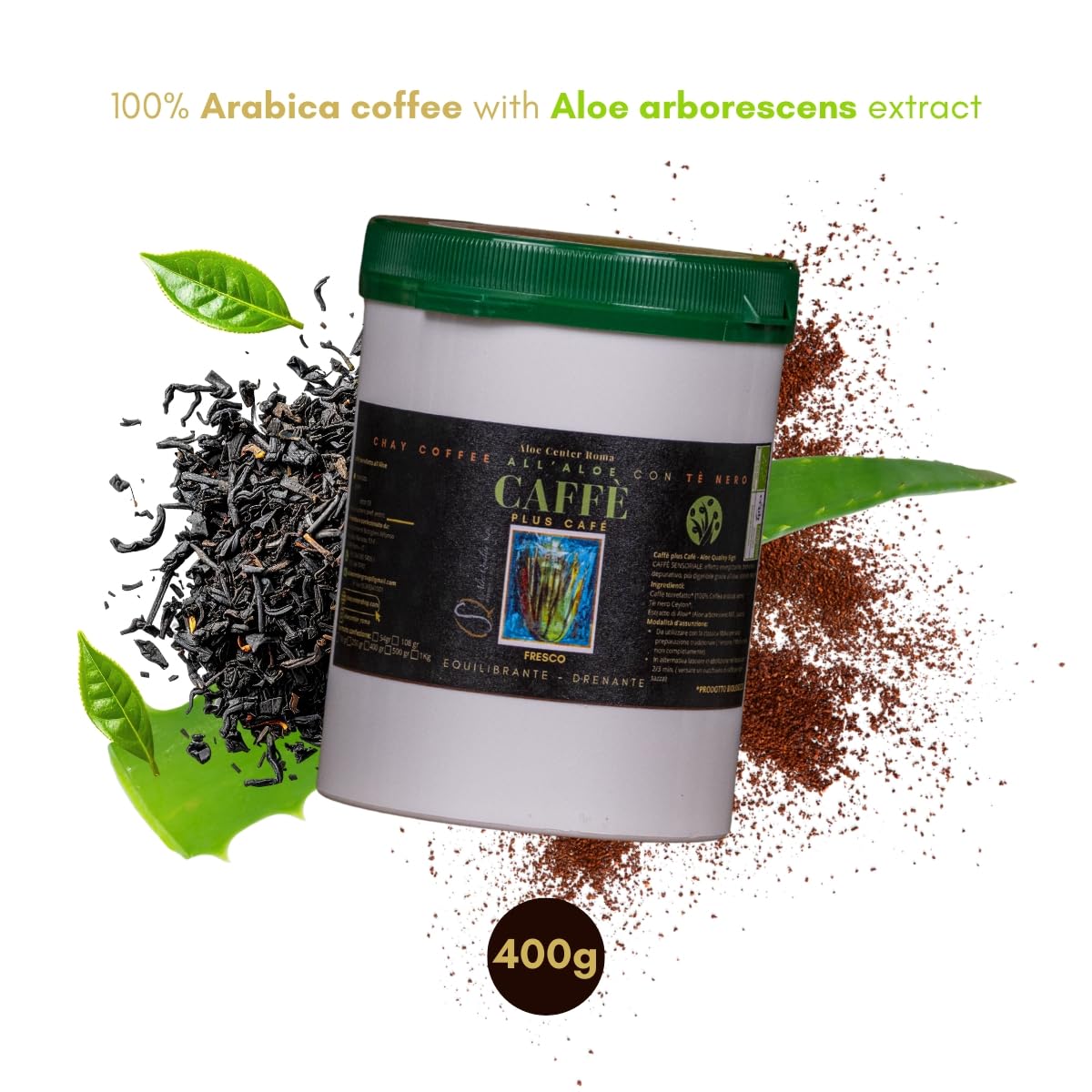 CHAY Coffee all’Aloe con Tè – Caffè Gourmet Arabica Bio Monorigine | Aloe Arborescens Aloe Code Formula | Puro Ceylon Tea Nero | Bevanda Drenante, Naturale – 400g