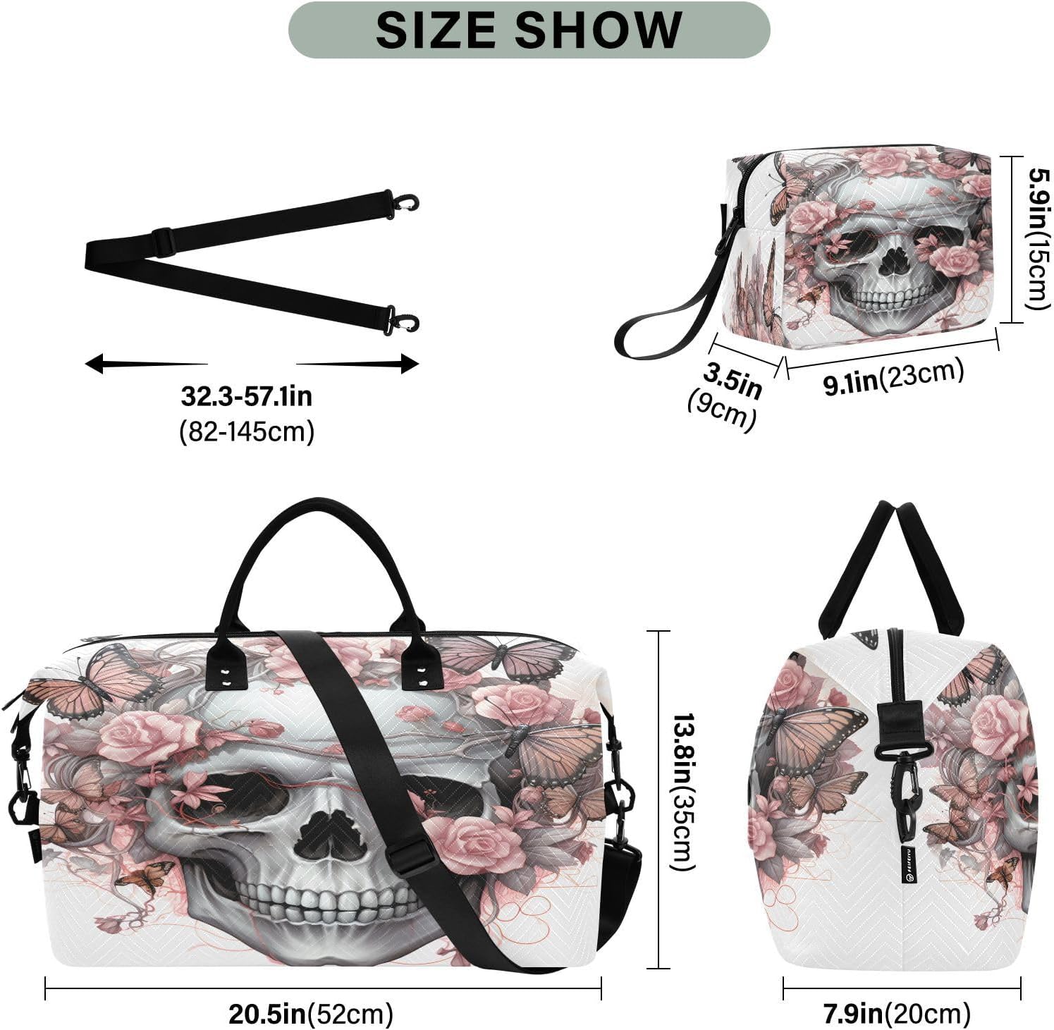 Skull Travel Gym Bag, Skull Pink Flower Butterfly Weekender Overnight Duffle for Women with Toiletry Bag Travel Swim