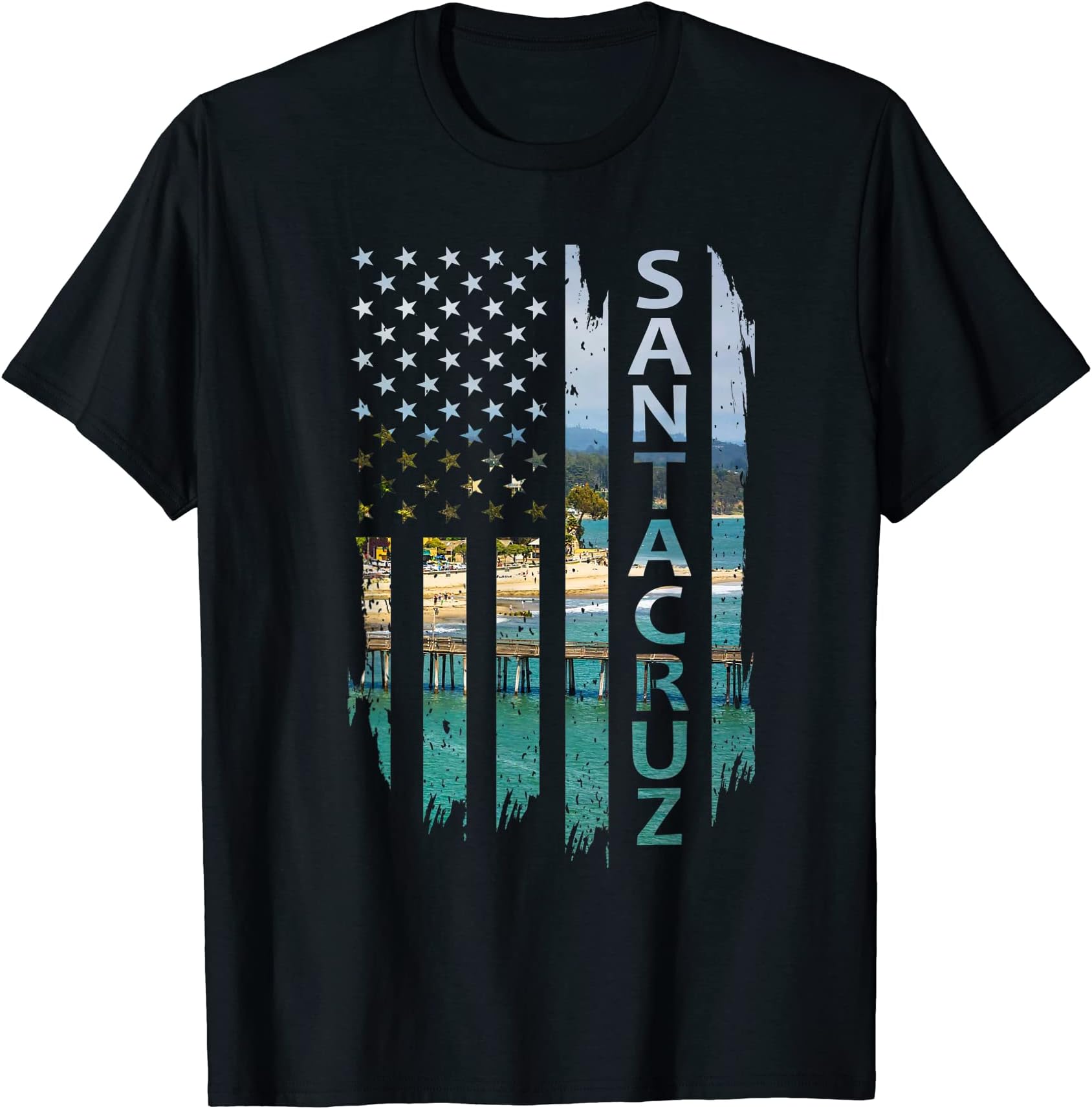 Santa Cruz California Summer Sunset American Flag Patriotic T-Shirt
