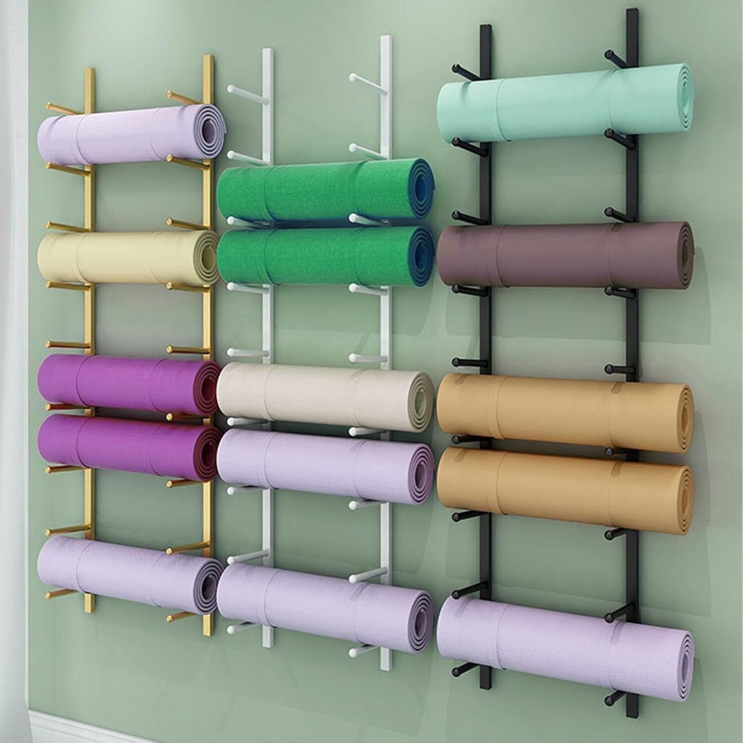 Estante de pared para esterilla de yoga de 9 niveles, almacenamiento de metal resistente para rodillos de espuma, toallas y accesorios, gimnasio que ahorra espacio para salas de yoga y entrenamiento